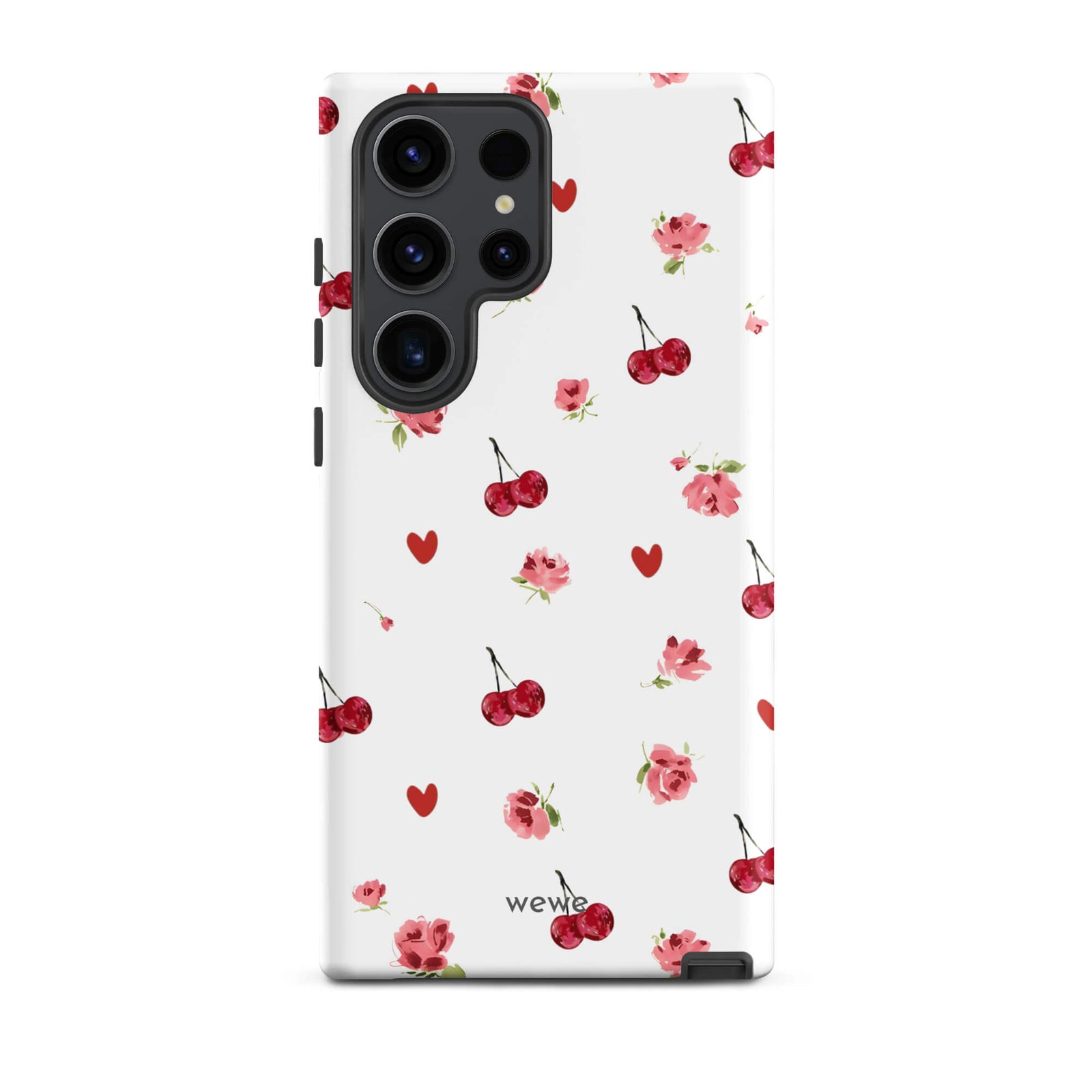 Custom samsung galaxy s23 ultra Phone case with a cute and whimsical pattern of watercolor roses, hearts, and cherries on a white background.