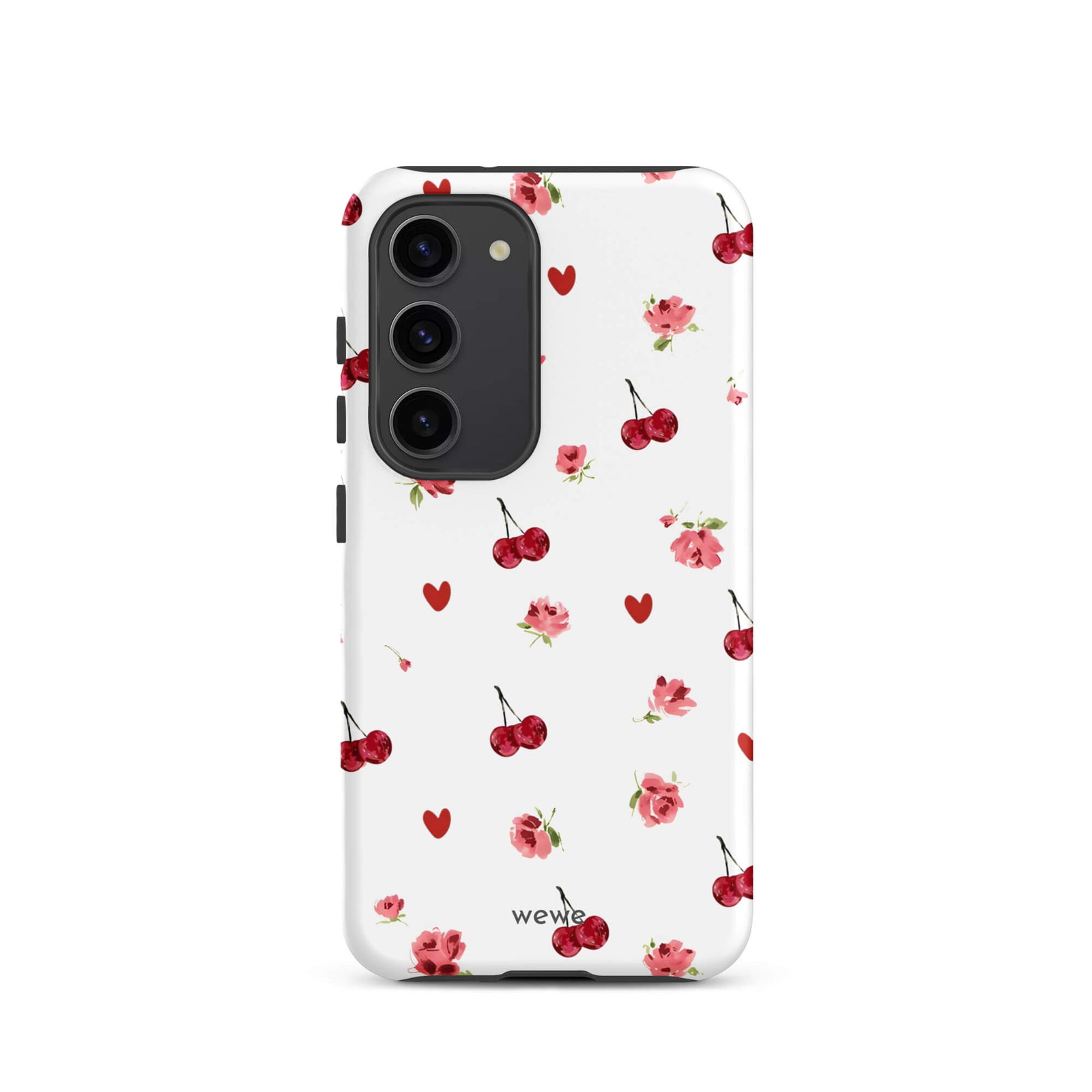 Custom samsung galaxy s23 Phone case with a cute and whimsical pattern of watercolor roses, hearts, and cherries on a white background.