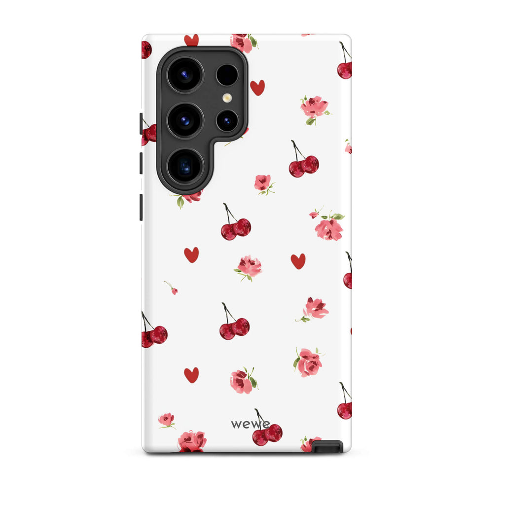 Custom samsung galaxy s24 ultra Phone case with a cute and whimsical pattern of watercolor roses, hearts, and cherries on a white background.