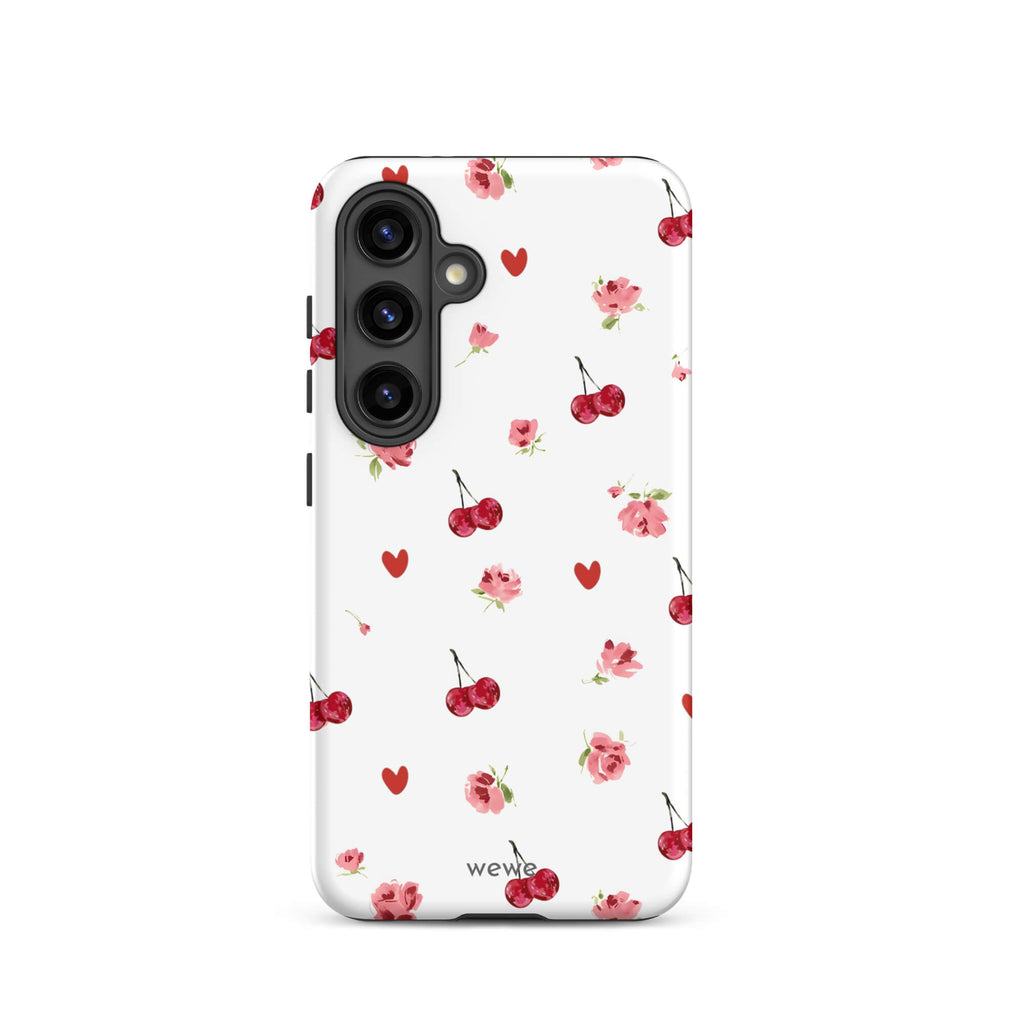 Custom samsung galaxy s24 Phone case with a cute and whimsical pattern of watercolor roses, hearts, and cherries on a white background.