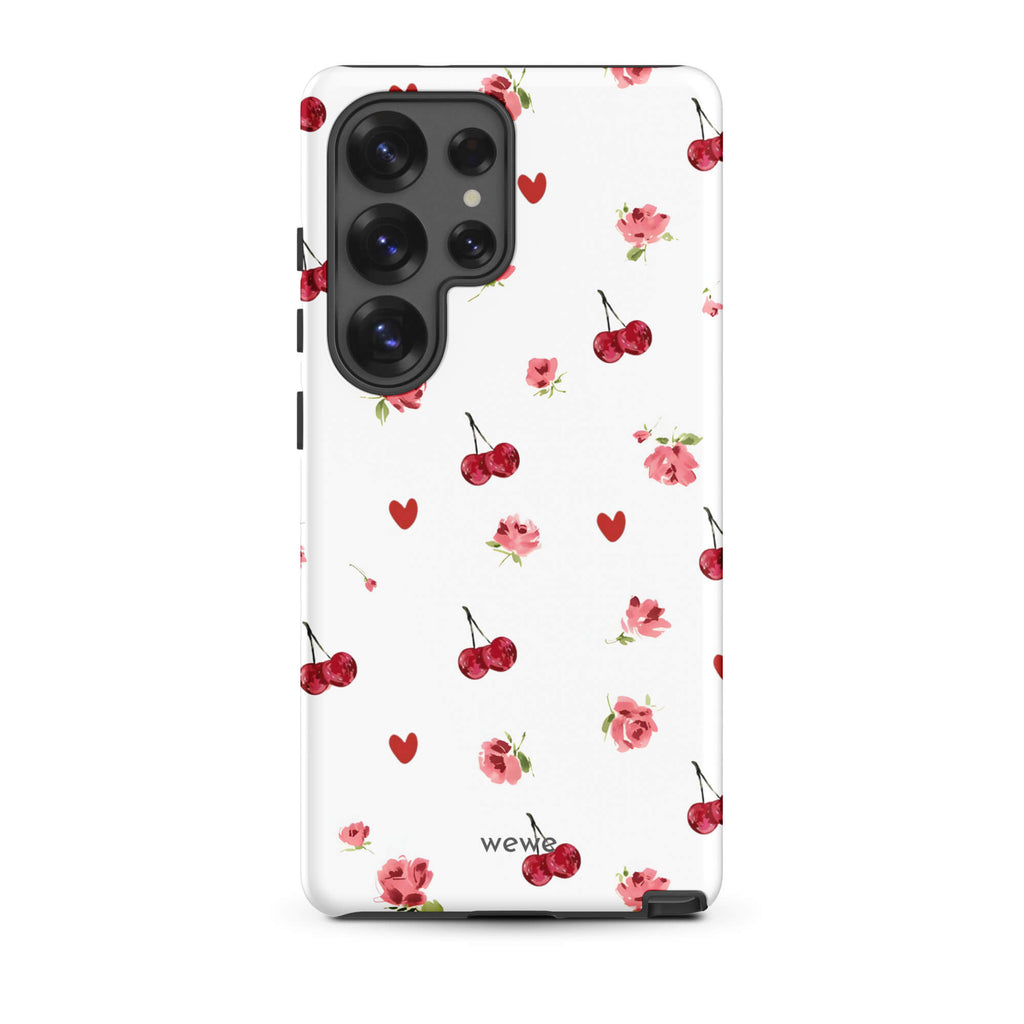 Custom samsung galaxy s25 ultra Phone case with a cute and whimsical pattern of watercolor roses, hearts, and cherries on a white background.