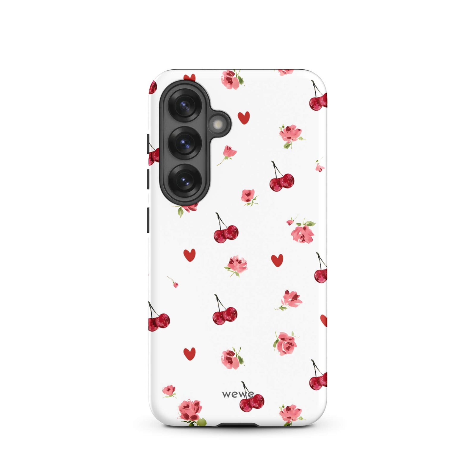 Custom samsung galaxy s25 Phone case with a cute and whimsical pattern of watercolor roses, hearts, and cherries on a white background.