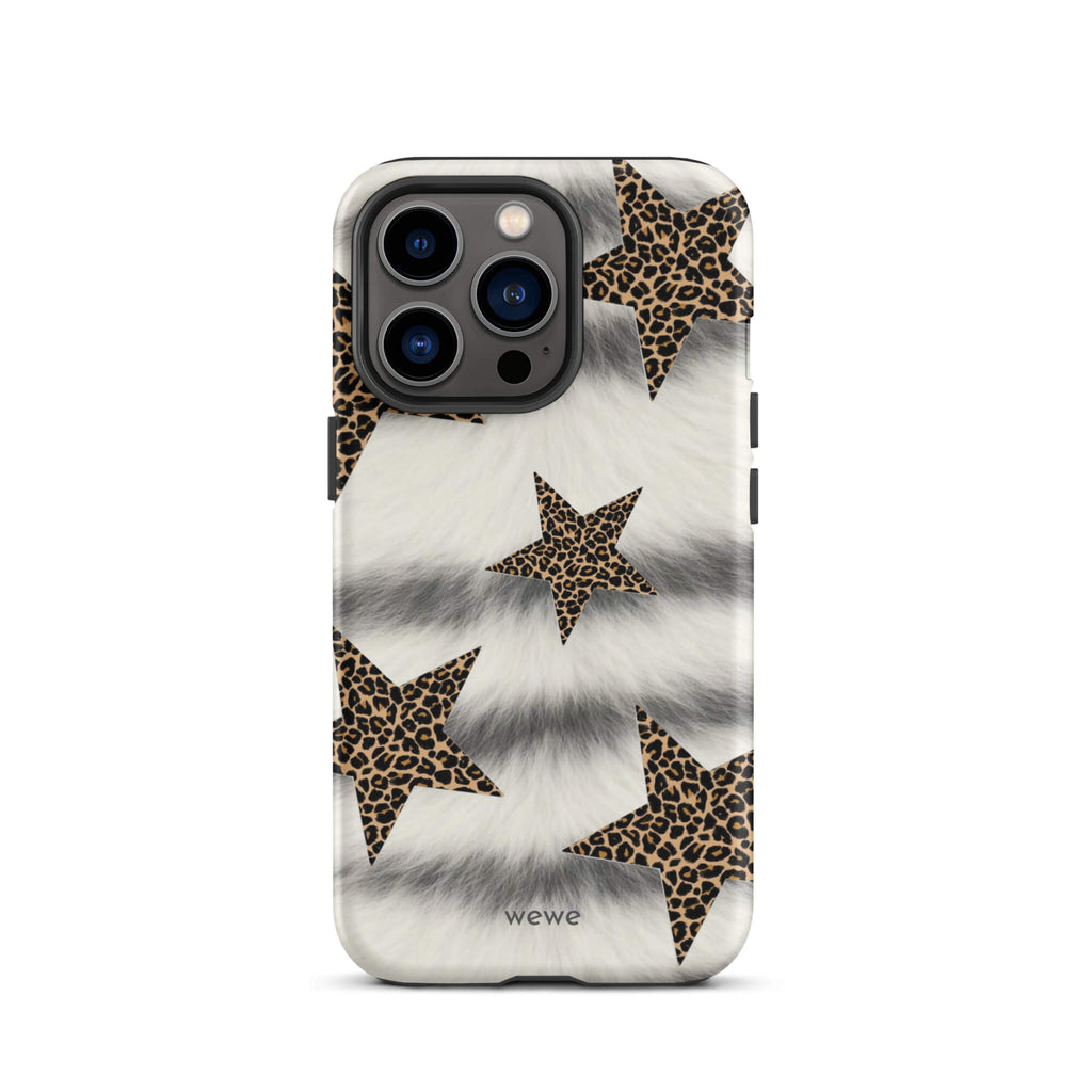 White fur-look leopard star 15 iPhone case