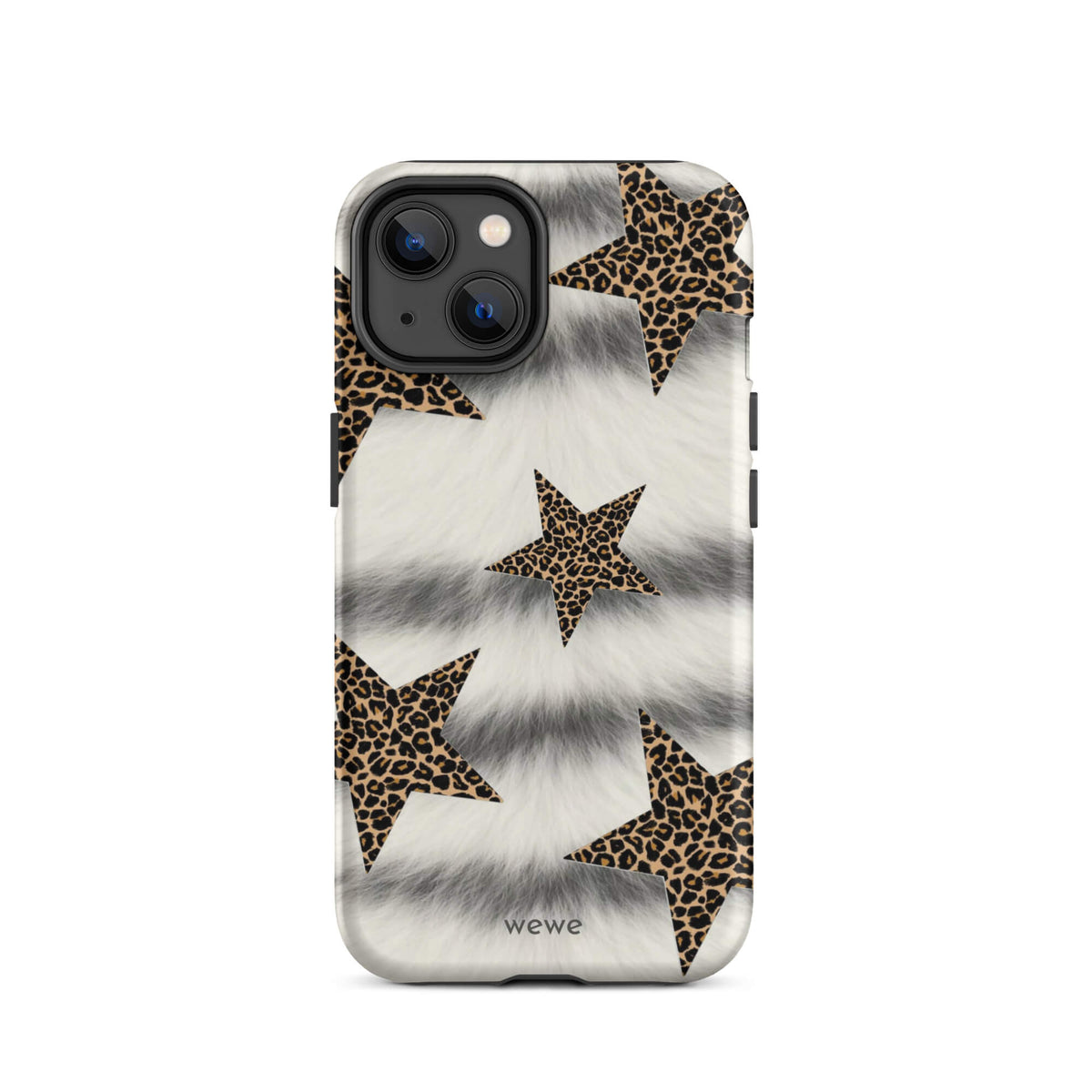 White fur-look leopard star 15 iPhone case