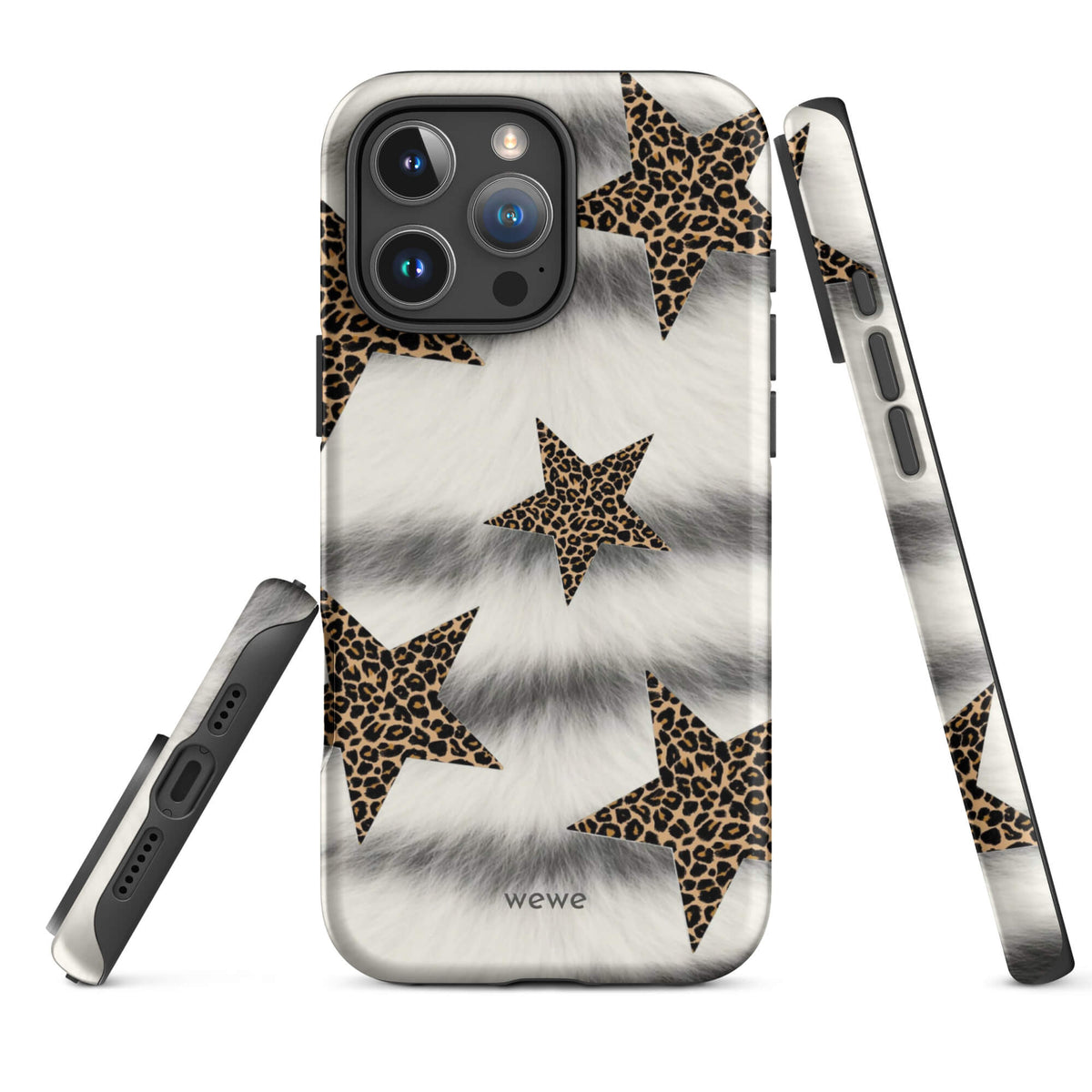 White fur-look leopard star 15 iPhone case