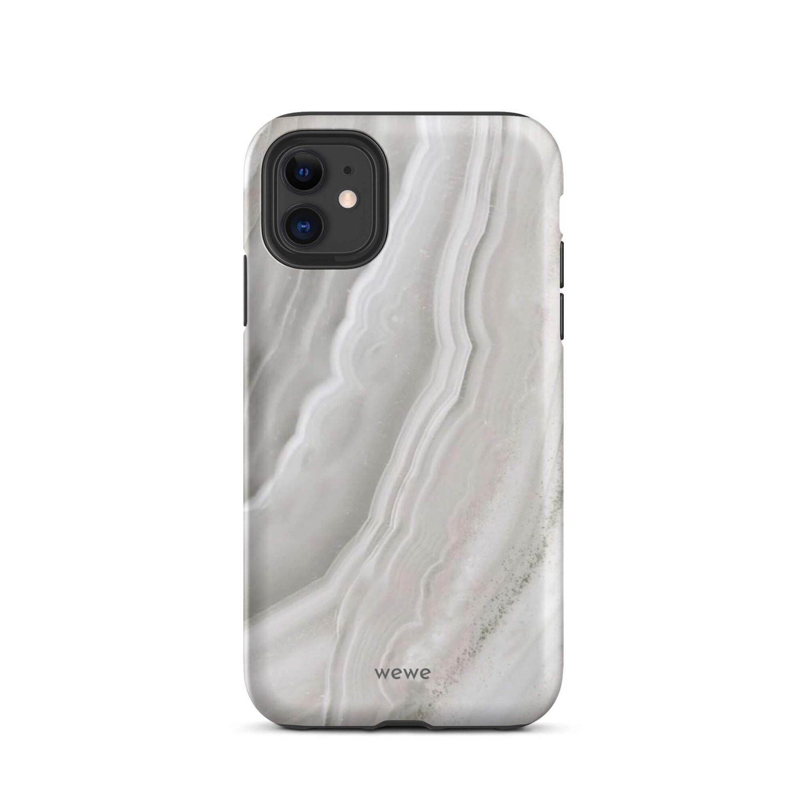 Custom iPhone case 11 with a  close-up image of a white and grey agate slice with swirling patterns.
