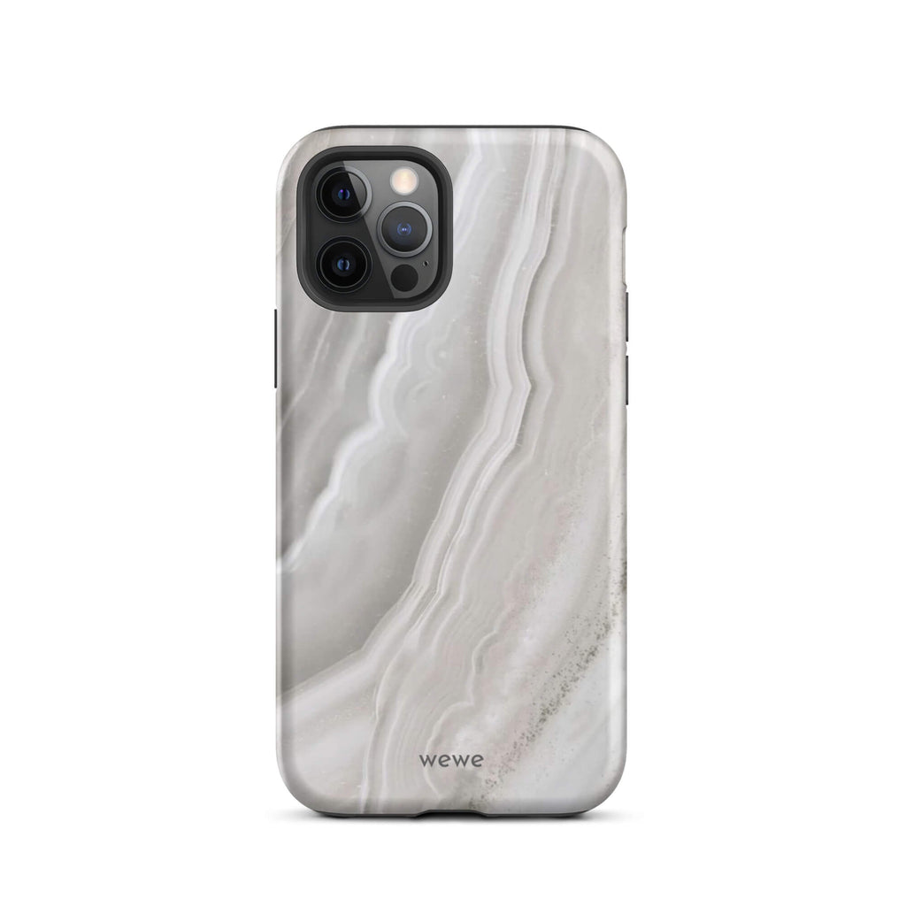 Custom iPhone case 12 pro with a  close-up image of a white and grey agate slice with swirling patterns.