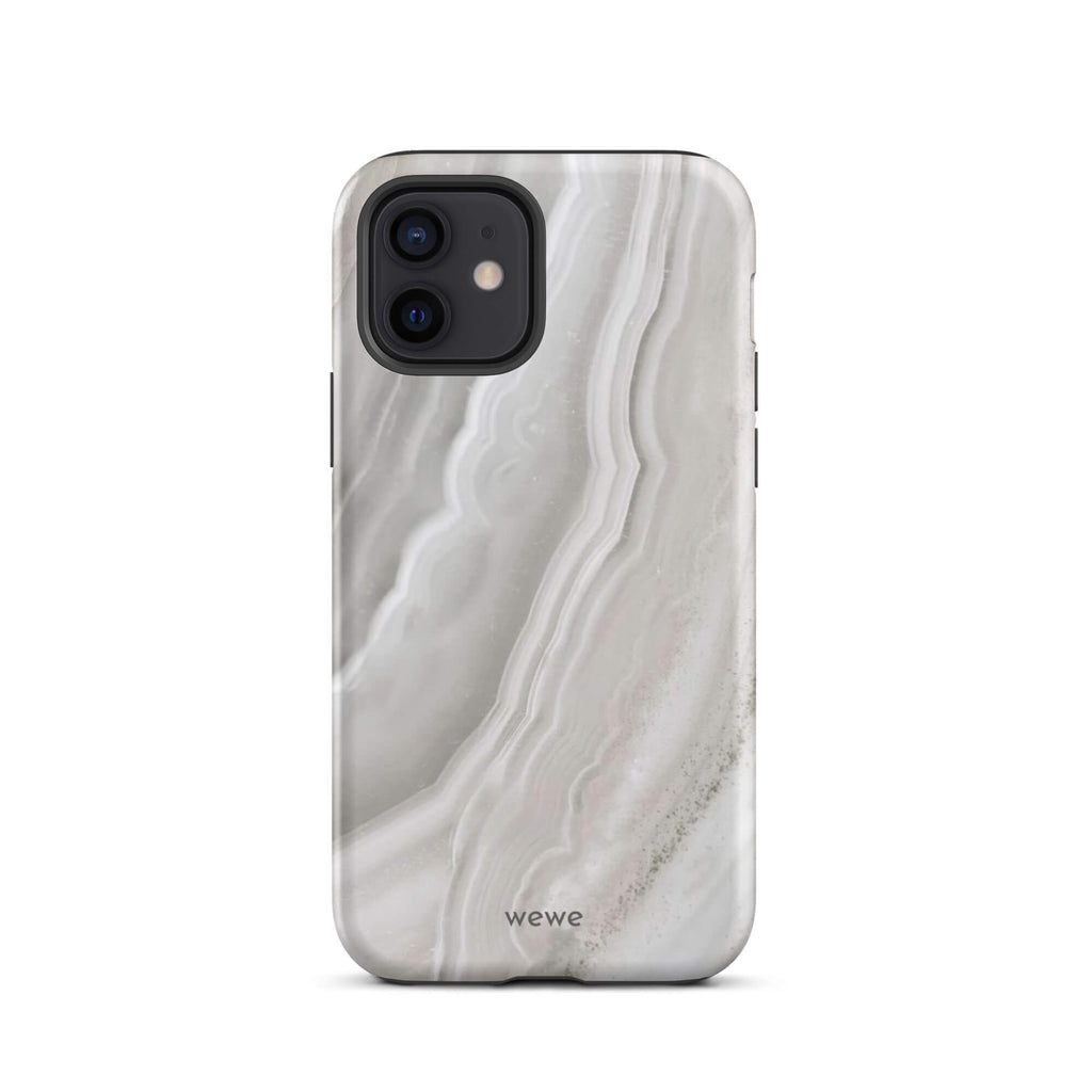 Custom iPhone case 12 with a  close-up image of a white and grey agate slice with swirling patterns.
