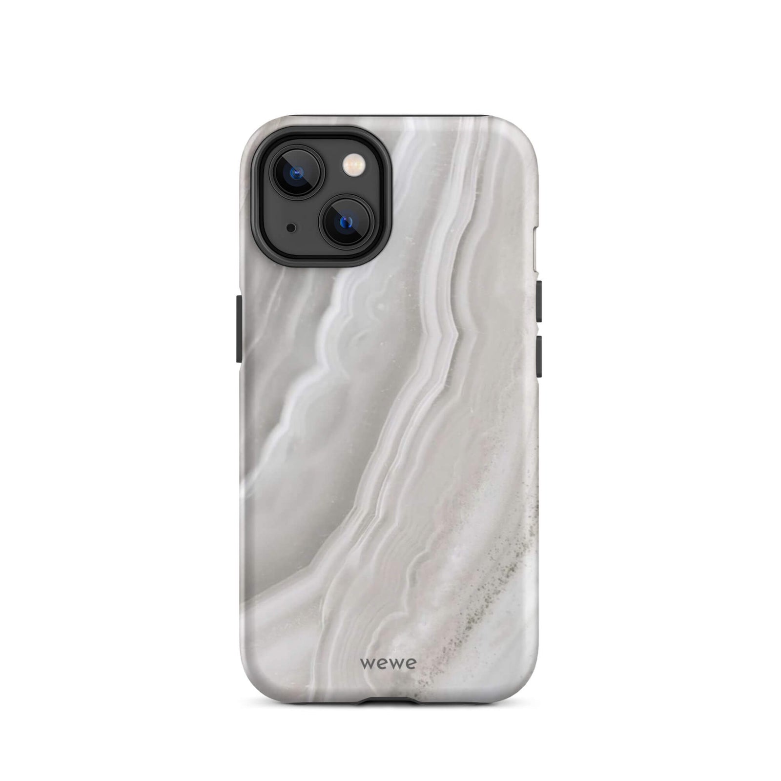 Custom iPhone case 14 with a  close-up image of a white and grey agate slice with swirling patterns.