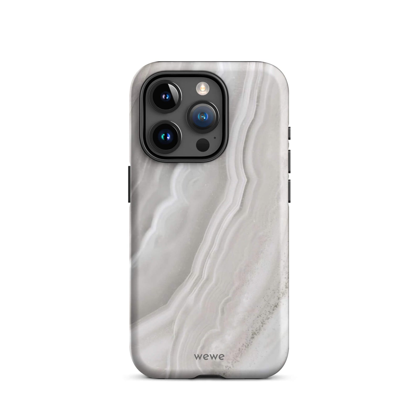 Custom iPhone case 15 pro with a  close-up image of a white and grey agate slice with swirling patterns.
