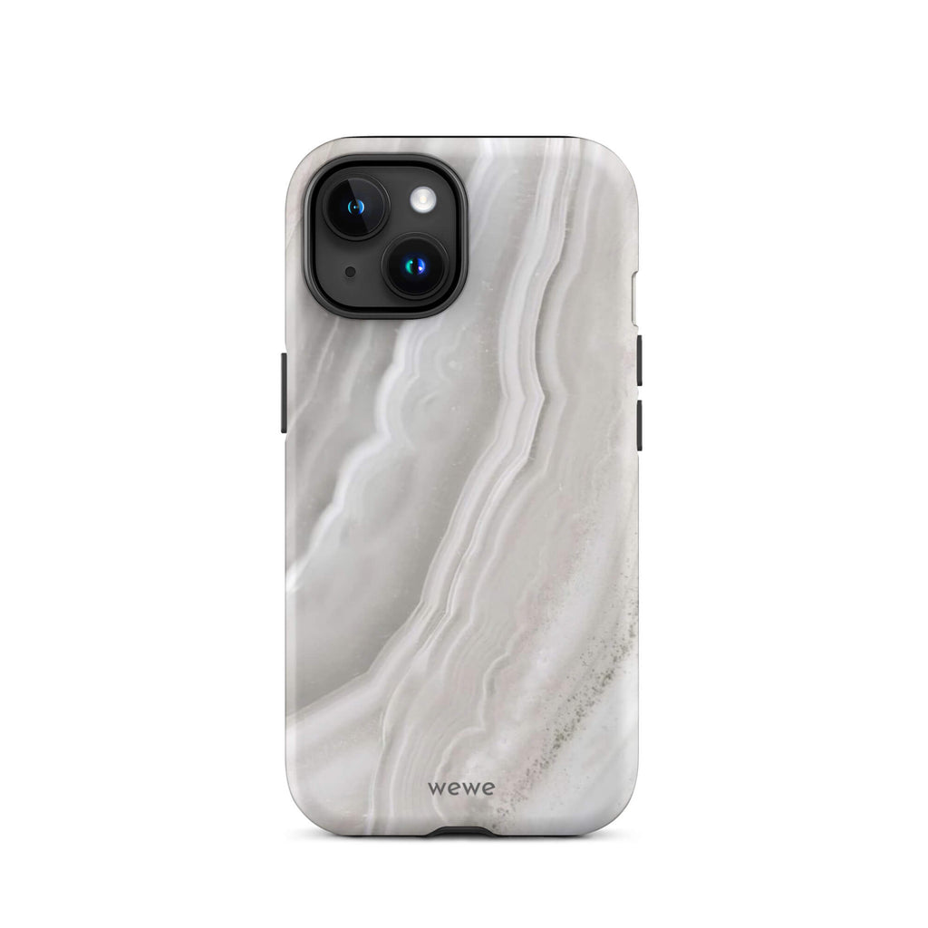 Custom iPhone case 15 with a  close-up image of a white and grey agate slice with swirling patterns.