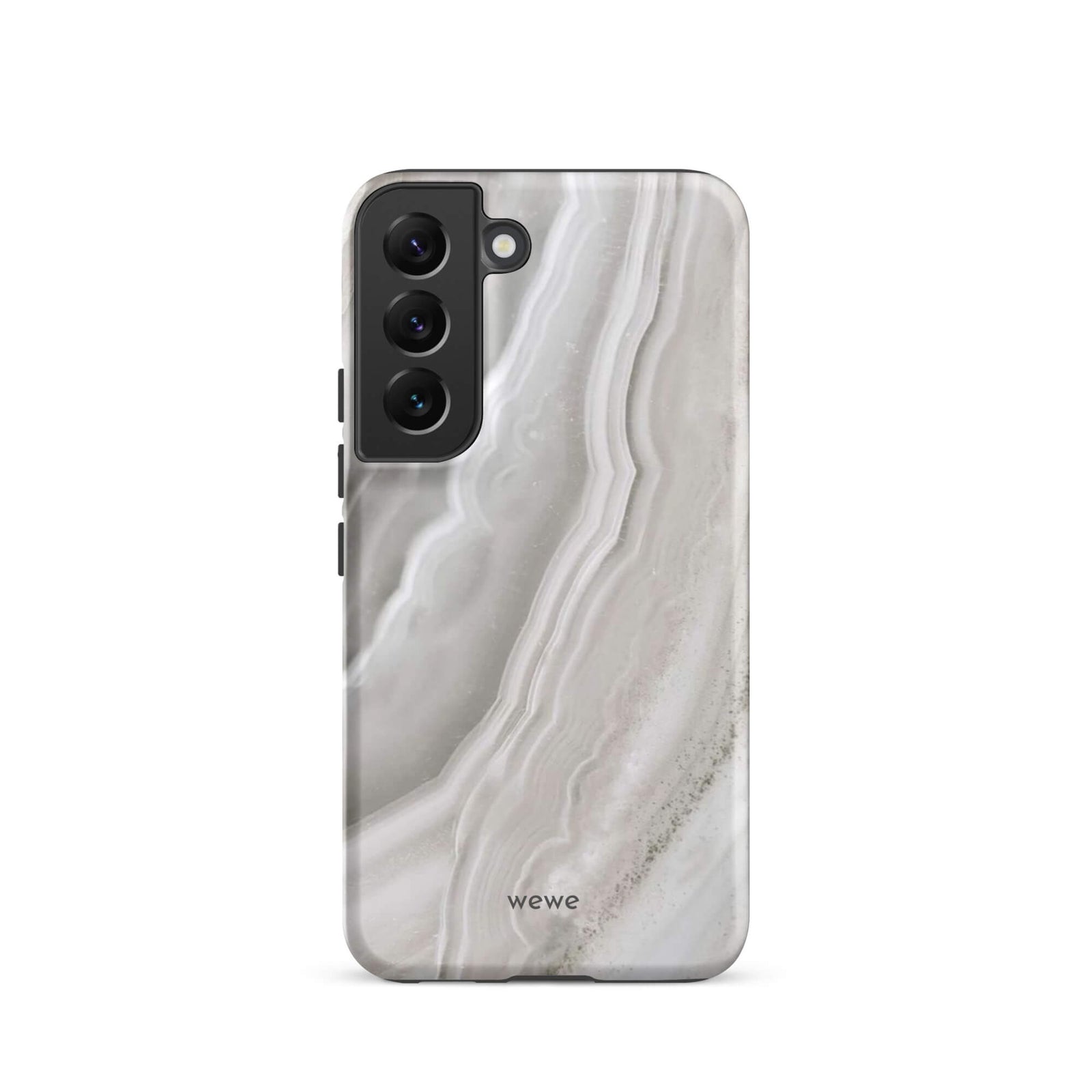 Custom samsung galaxy s22 Phone case with a  close-up image of a white and grey agate slice with swirling patterns.