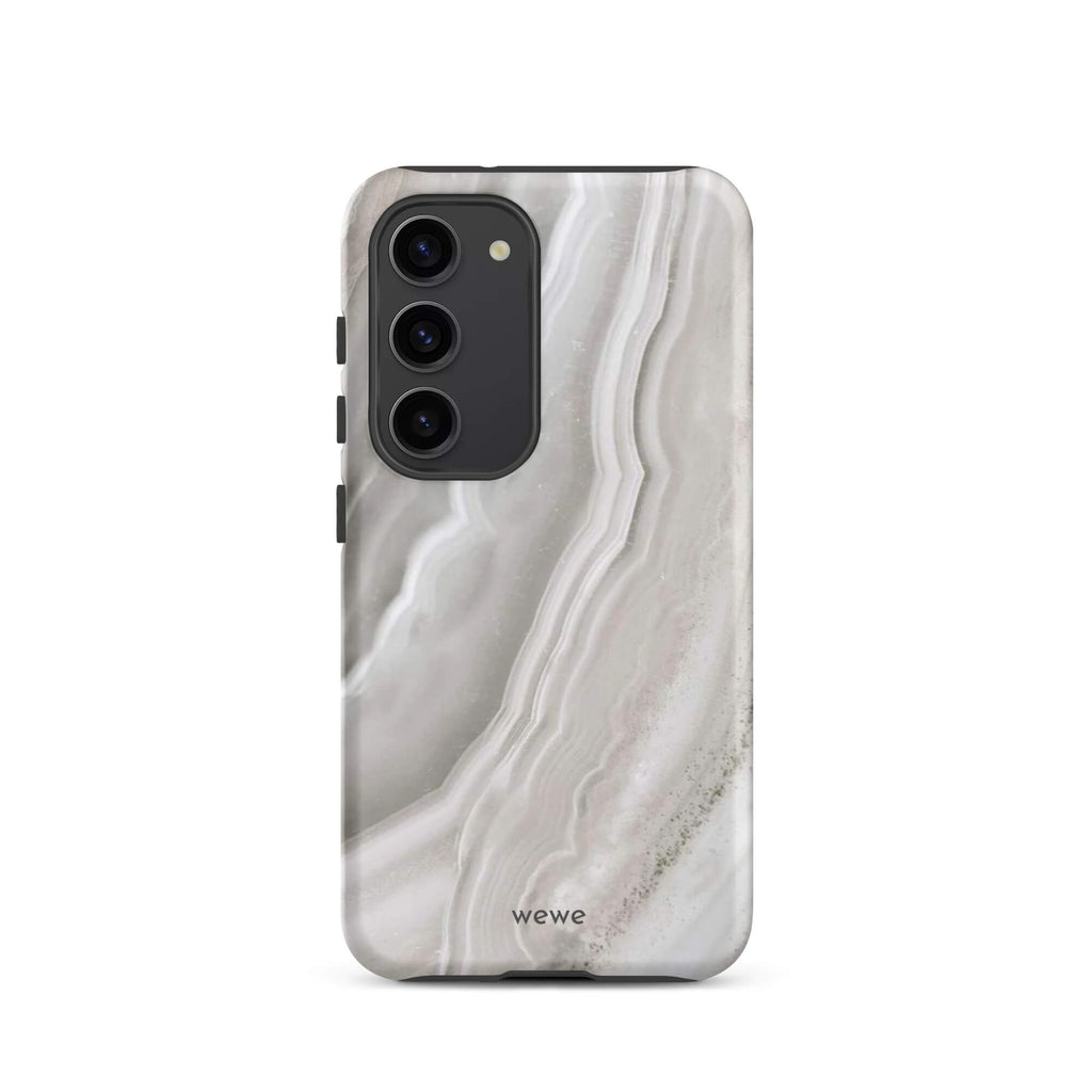 Custom samsung galaxy s23 Phone case with a  close-up image of a white and grey agate slice with swirling patterns.