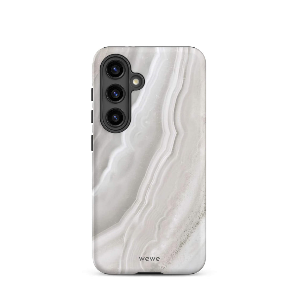Custom samsung galaxy s24 Phone case with a  close-up image of a white and grey agate slice with swirling patterns.