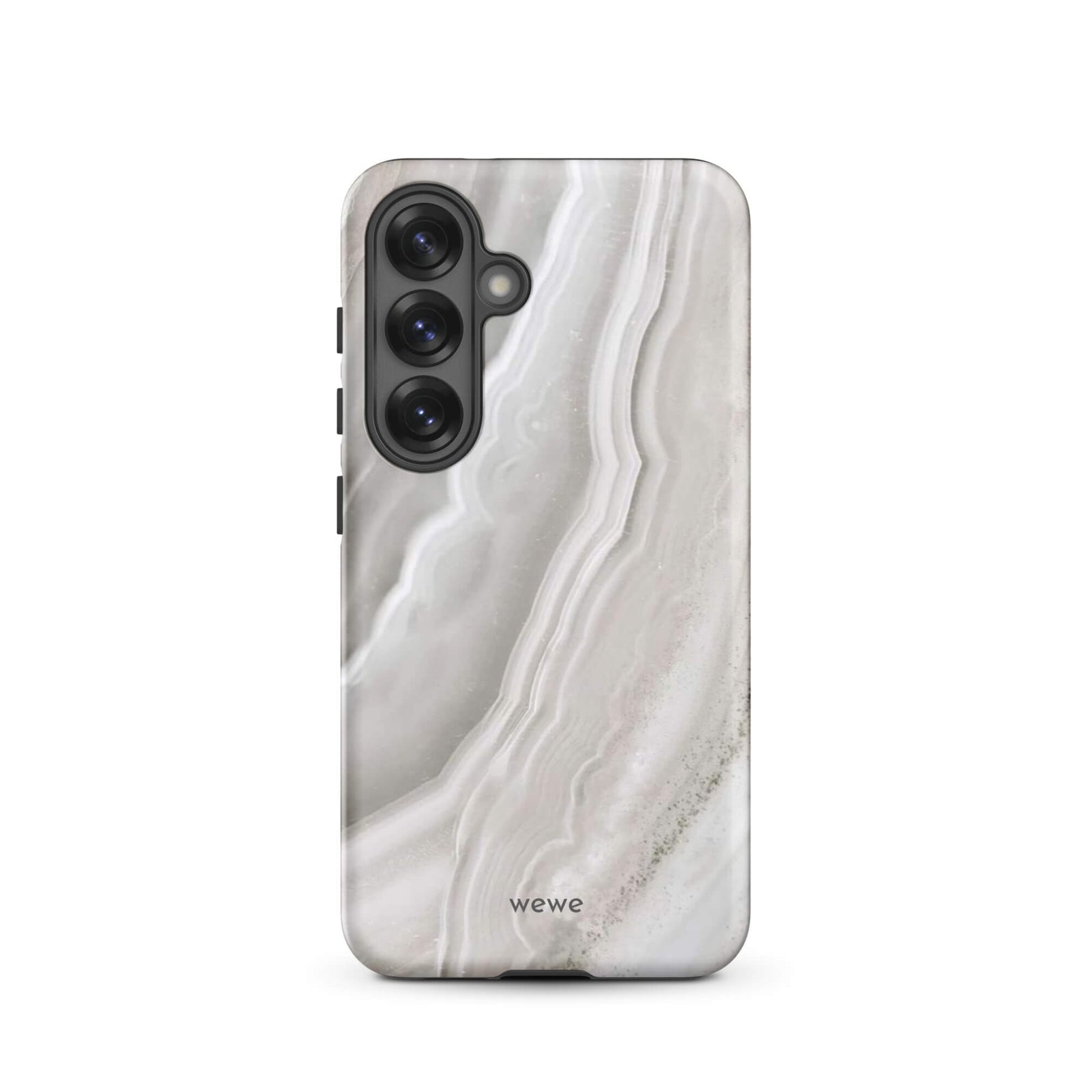Custom samsung galaxy s25 Phone case with a  close-up image of a white and grey agate slice with swirling patterns.