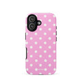 Candy-pink iPhone case with evenly spaced soft-white polka dots