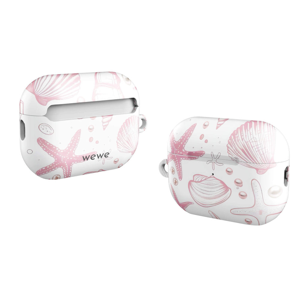 Custom AirPods case pro gen2 with a cute and whimsical pattern of seashells, starfish, and pearls on a white background.