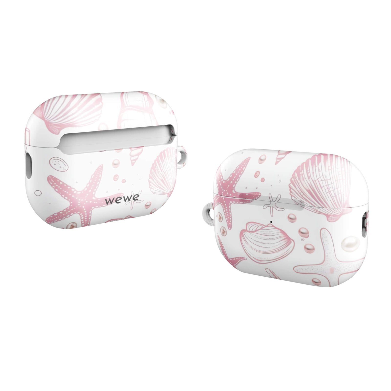 Custom AirPods case pro gen2 with a cute and whimsical pattern of seashells, starfish, and pearls on a white background.