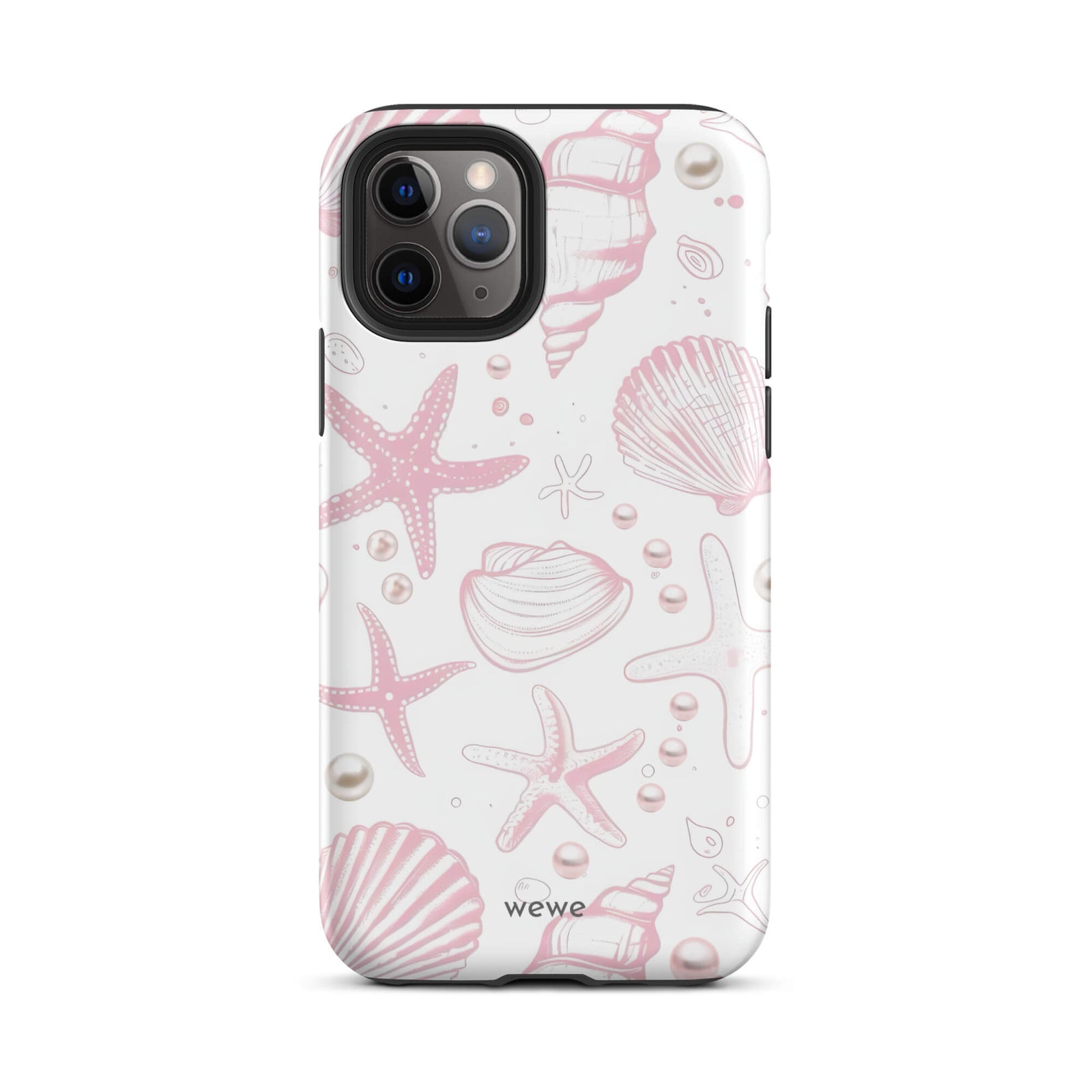 Custom iPhone case 11 pro with a cute and whimsical pattern of seashells, starfish, and pearls on a white background.