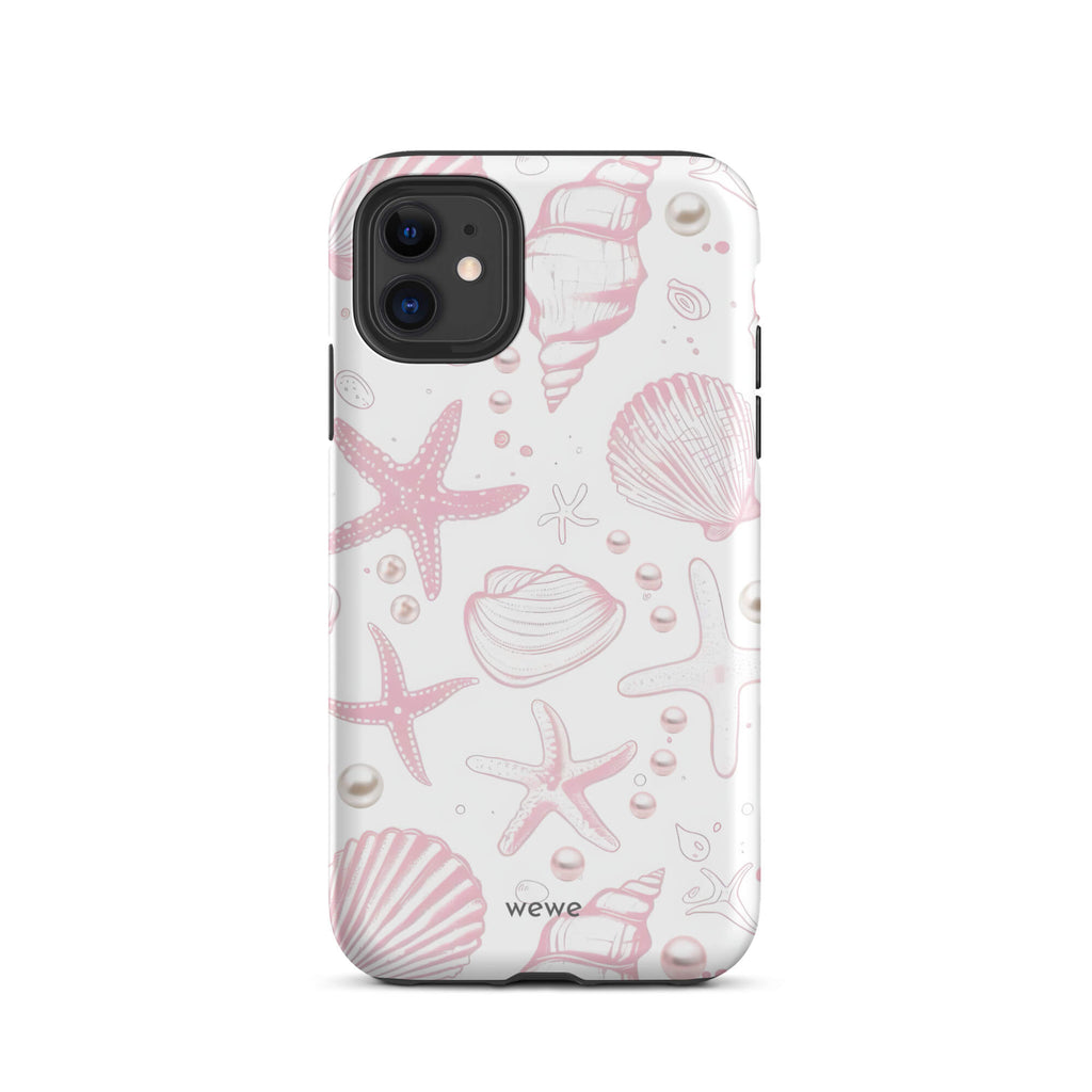Custom iPhone case 11 with a cute and whimsical pattern of seashells, starfish, and pearls on a white background.