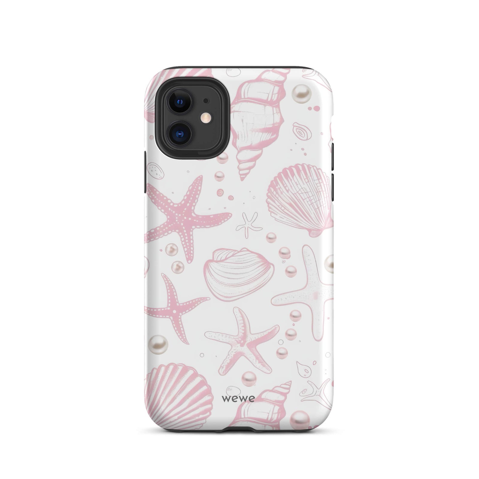 Custom iPhone case 11 with a cute and whimsical pattern of seashells, starfish, and pearls on a white background.