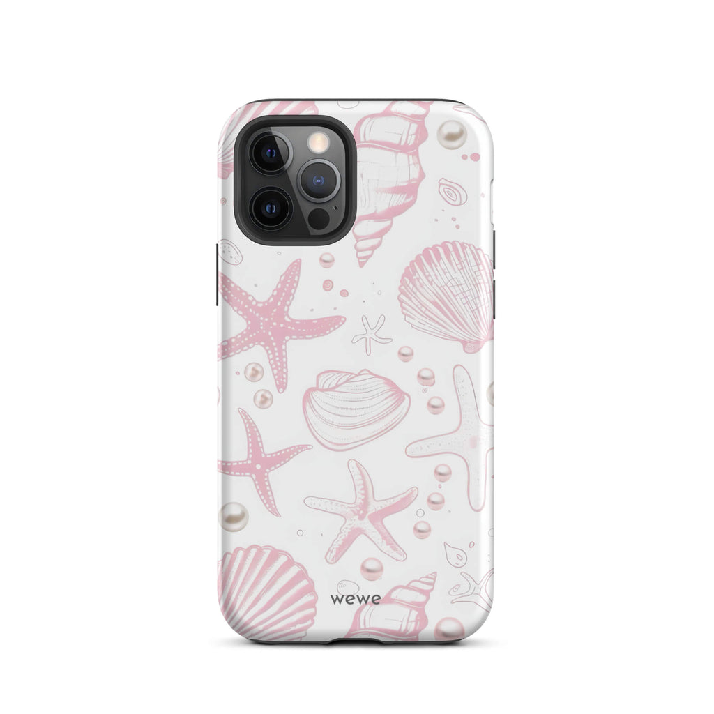 Custom iPhone case 12 pro with a cute and whimsical pattern of seashells, starfish, and pearls on a white background.