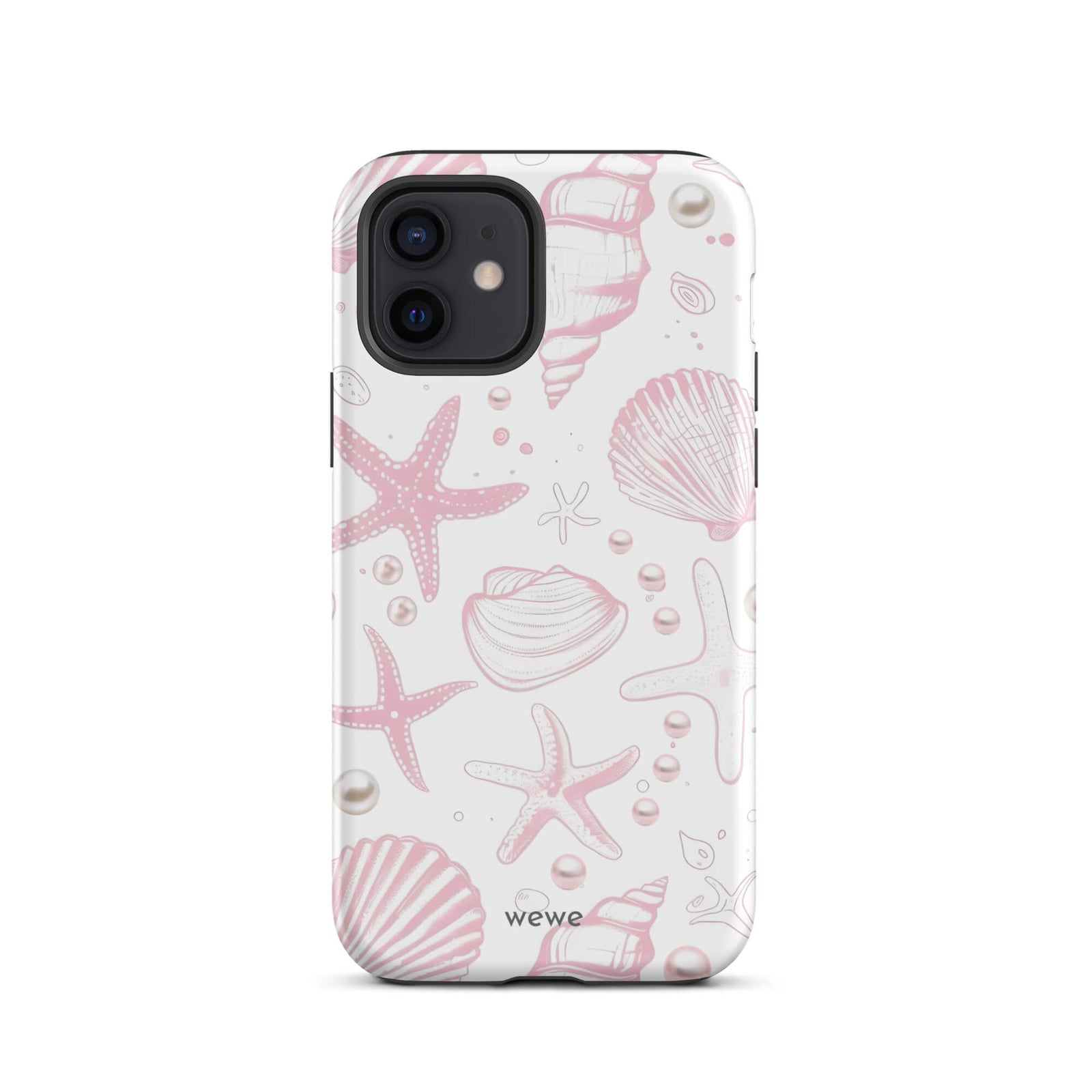 Custom iPhone case 12 with a cute and whimsical pattern of seashells, starfish, and pearls on a white background.