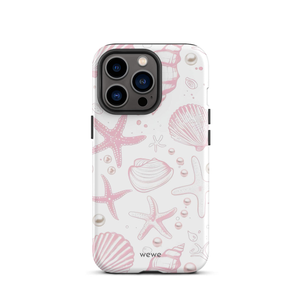 Custom iPhone case 13 pro with a cute and whimsical pattern of seashells, starfish, and pearls on a white background.