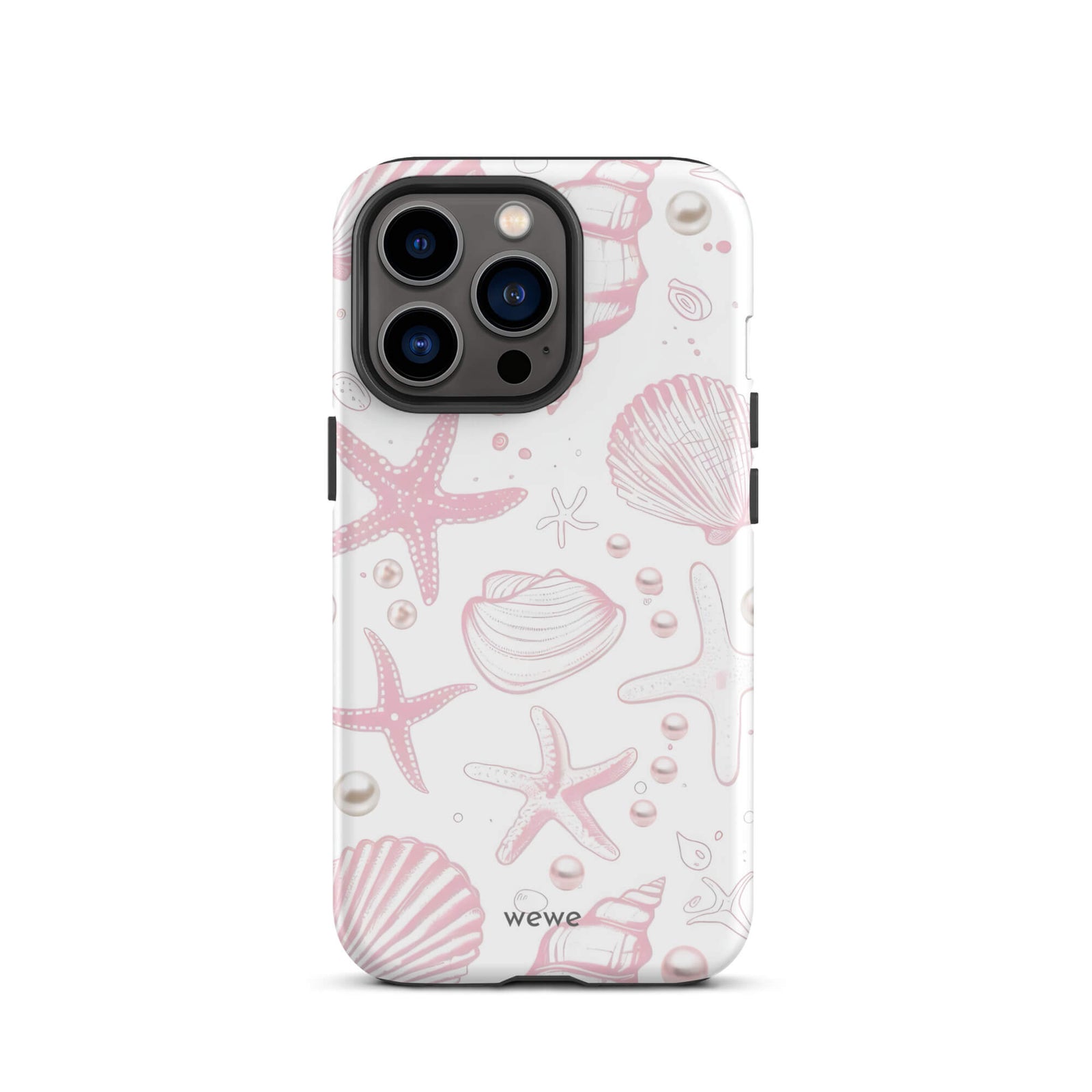 Custom iPhone case 13 pro with a cute and whimsical pattern of seashells, starfish, and pearls on a white background.