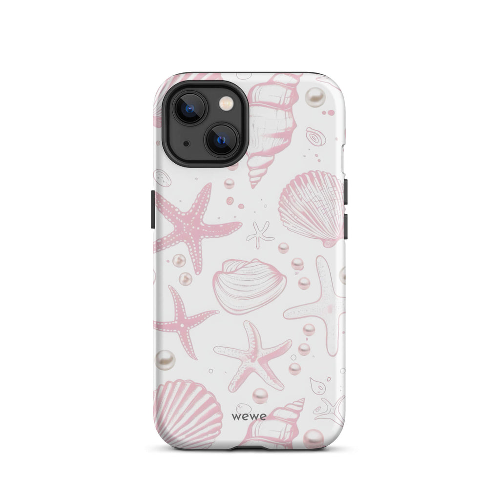 Custom iPhone case 13 with a cute and whimsical pattern of seashells, starfish, and pearls on a white background.