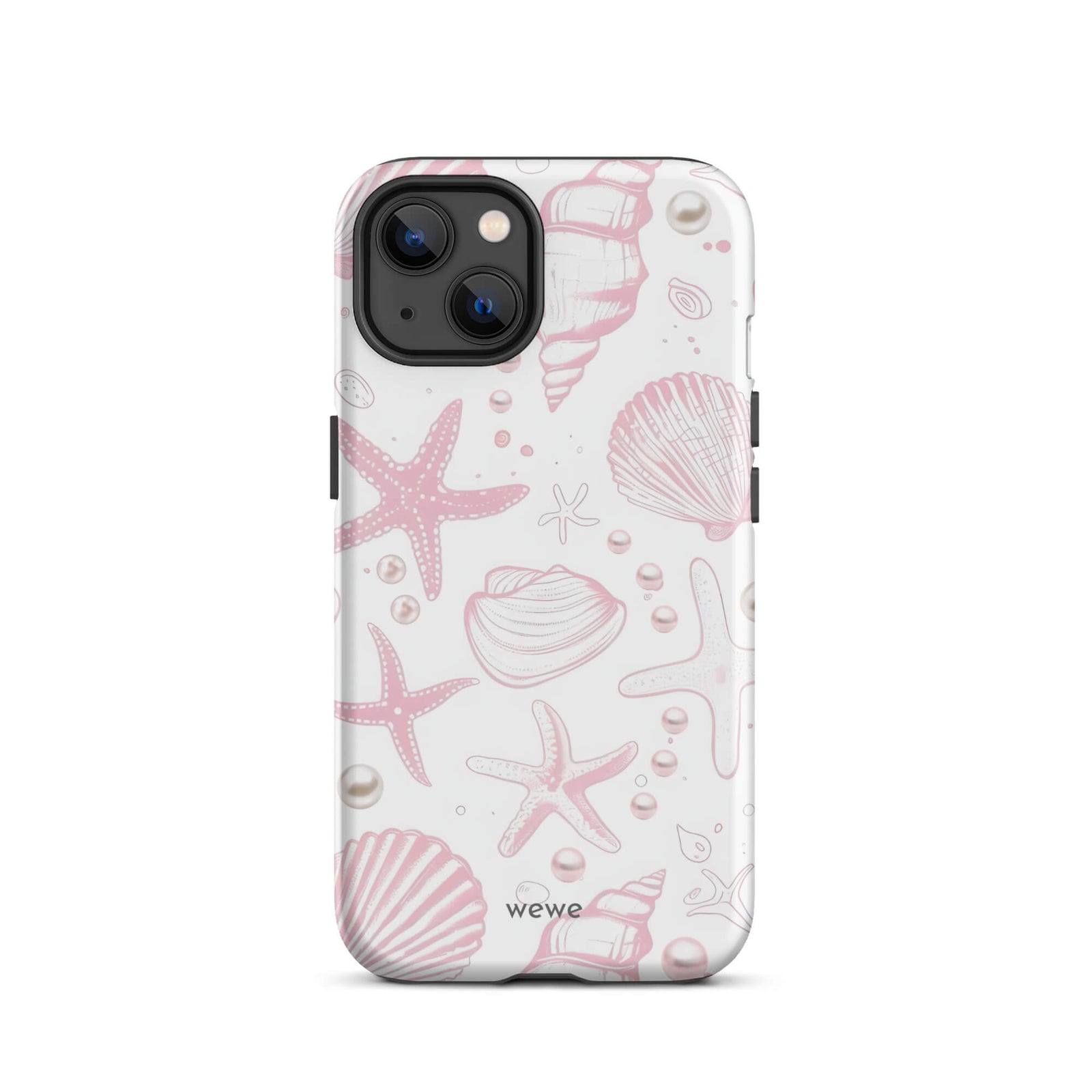Custom iPhone case 13 with a cute and whimsical pattern of seashells, starfish, and pearls on a white background.