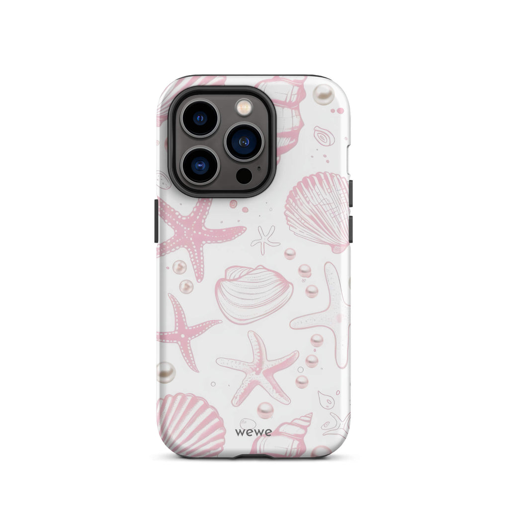 Custom iPhone case 14 pro with a cute and whimsical pattern of seashells, starfish, and pearls on a white background.