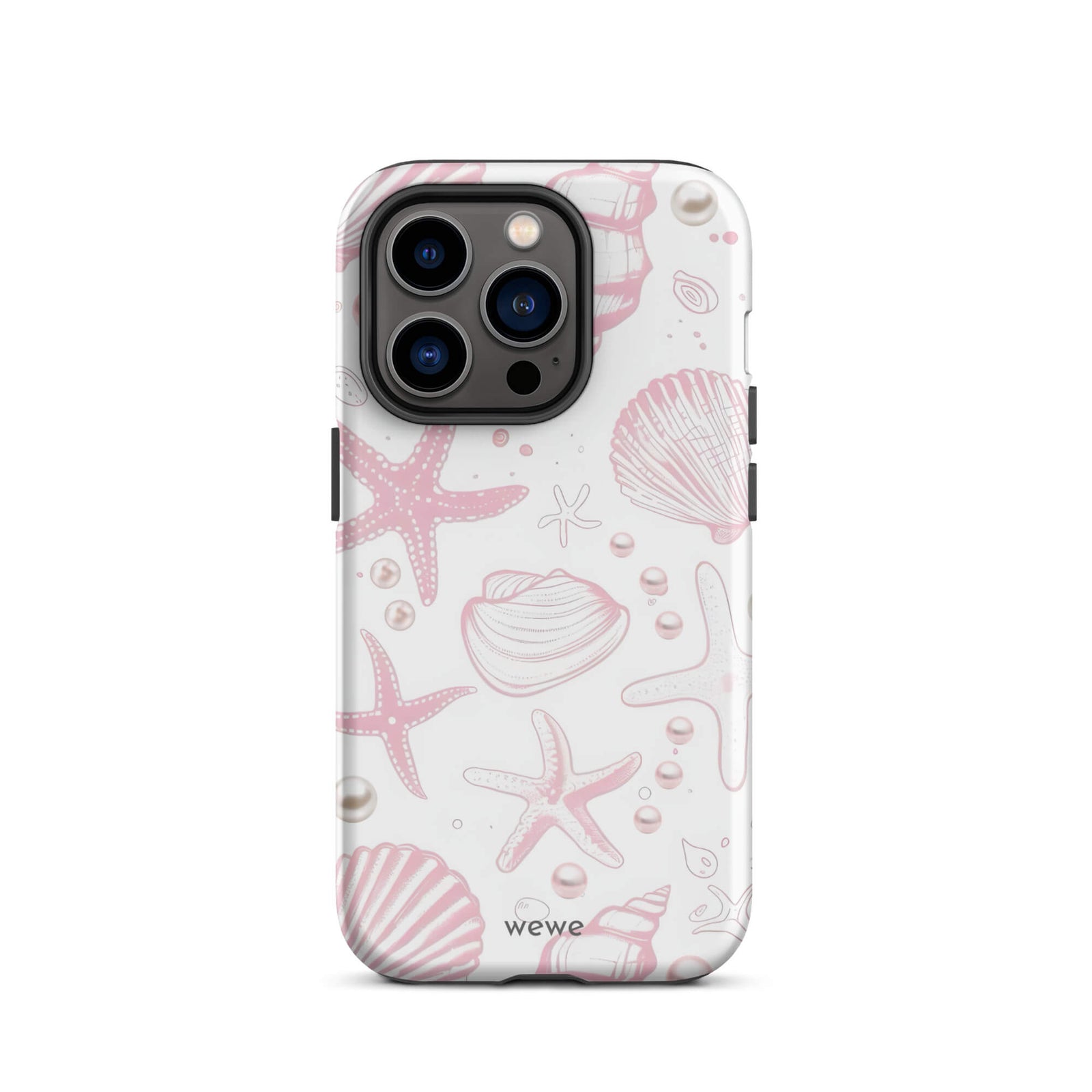 Custom iPhone case 14 pro with a cute and whimsical pattern of seashells, starfish, and pearls on a white background.