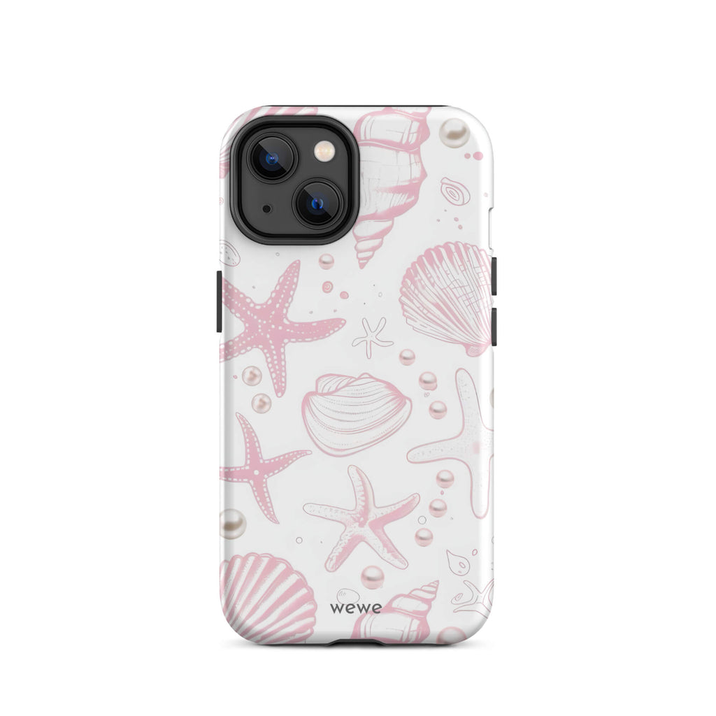 Custom iPhone case 14 with a cute and whimsical pattern of seashells, starfish, and pearls on a white background.