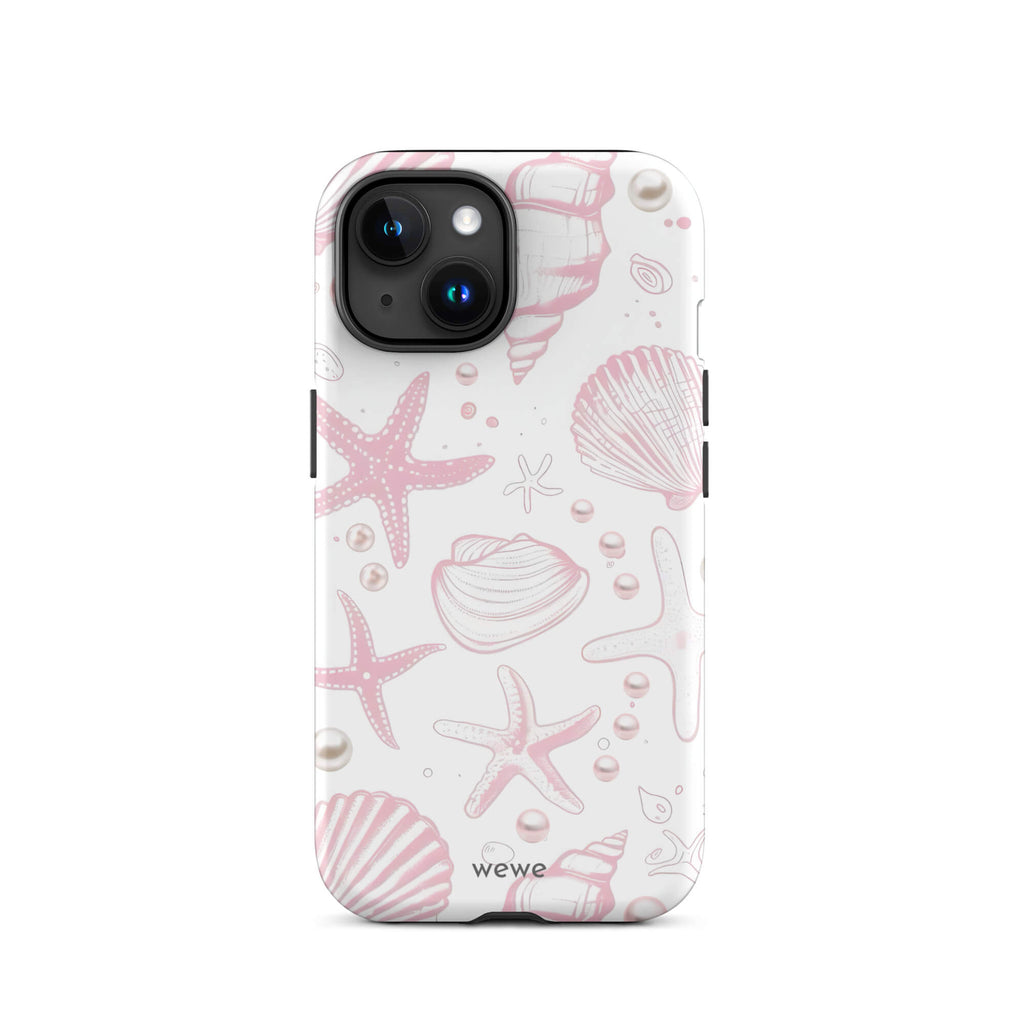Custom iPhone case 15 with a cute and whimsical pattern of seashells, starfish, and pearls on a white background.