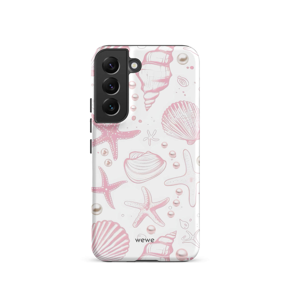 Custom samsung galaxy s22 Phone case with a cute and whimsical pattern of seashells, starfish, and pearls on a white background.