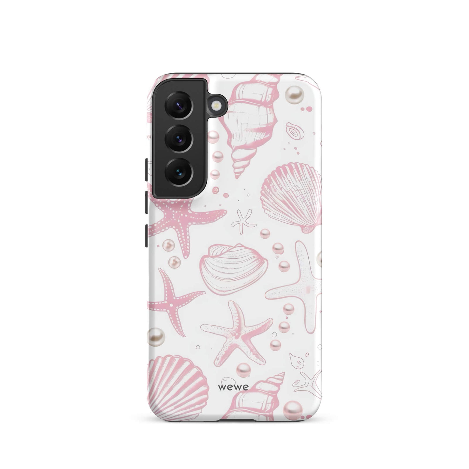Custom samsung galaxy s22 Phone case with a cute and whimsical pattern of seashells, starfish, and pearls on a white background.