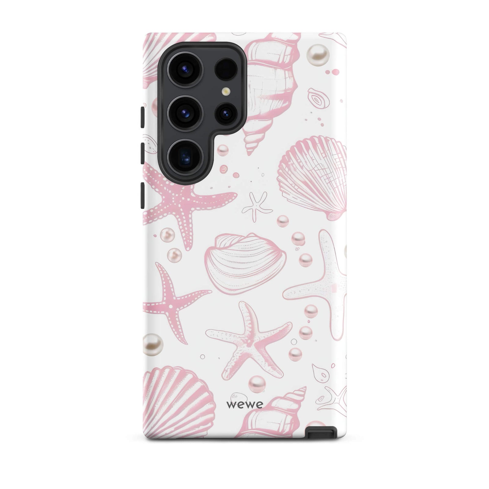 Custom samsung galaxy s23 ultra  Phone case with a cute and whimsical pattern of seashells, starfish, and pearls on a white background.