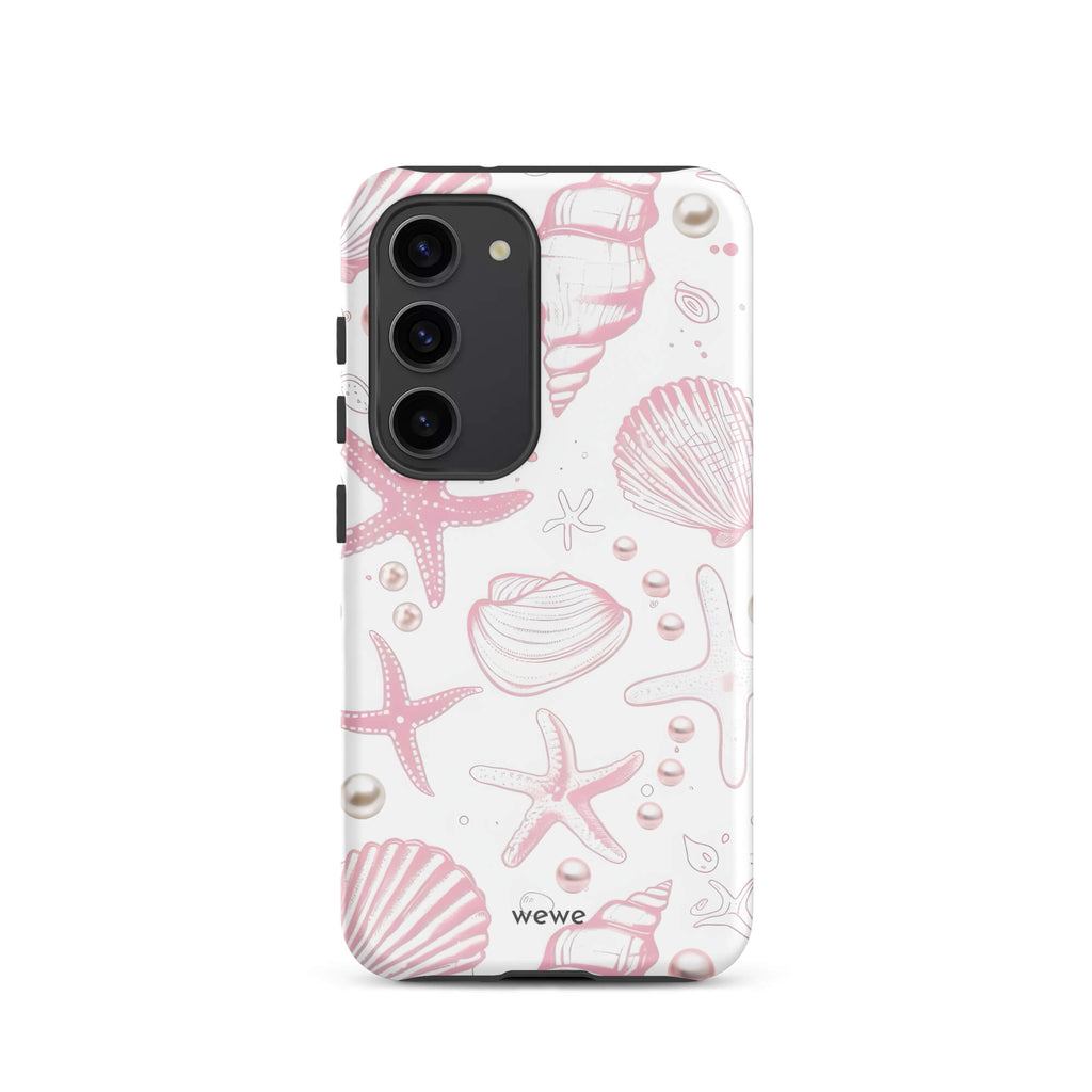 Custom samsung galaxy s23 Phone case with a cute and whimsical pattern of seashells, starfish, and pearls on a white background.