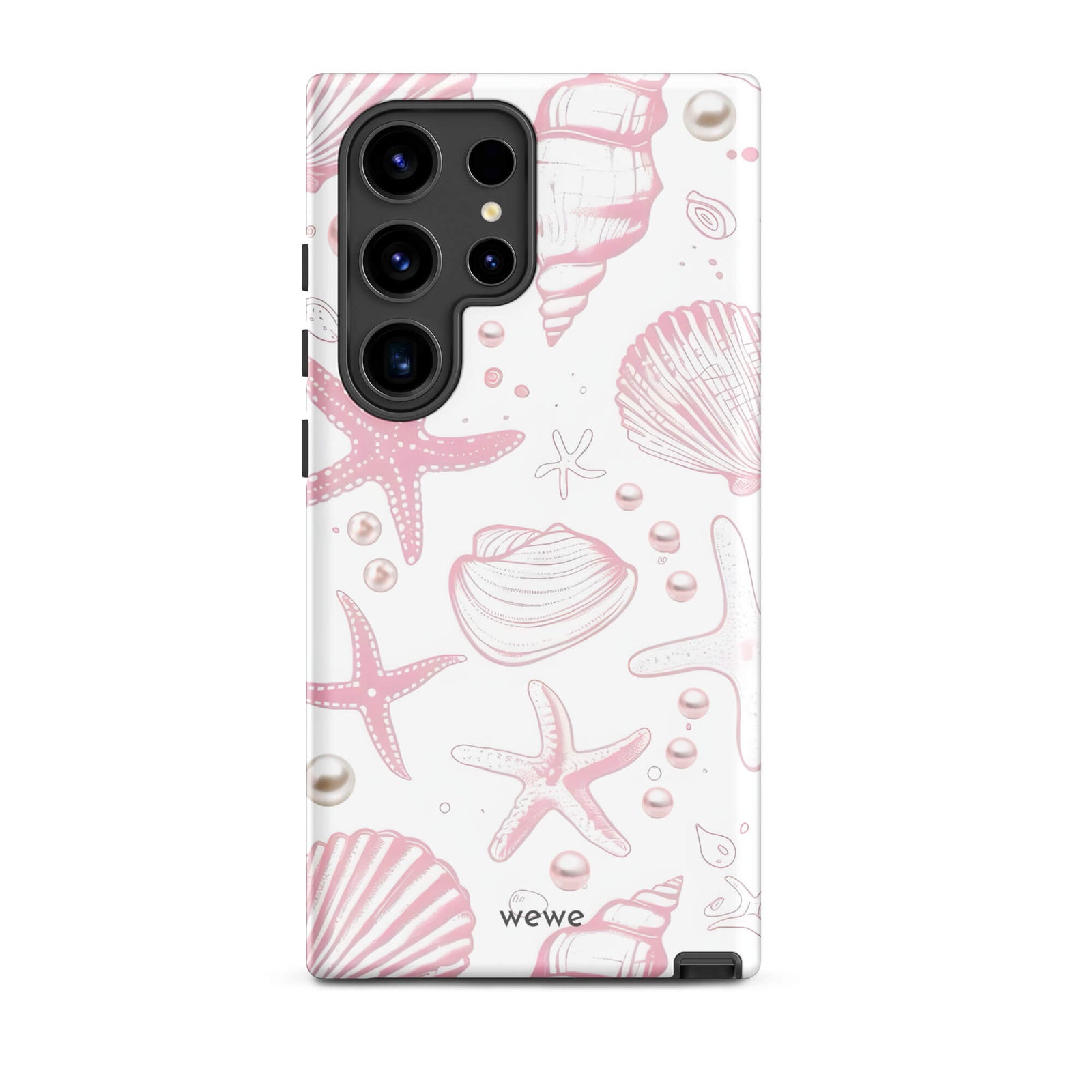 Custom samsung galaxy s24 ultra  Phone case with a cute and whimsical pattern of seashells, starfish, and pearls on a white background.