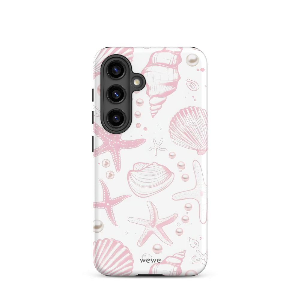 Custom samsung galaxy s24 Phone case with a cute and whimsical pattern of seashells, starfish, and pearls on a white background.
