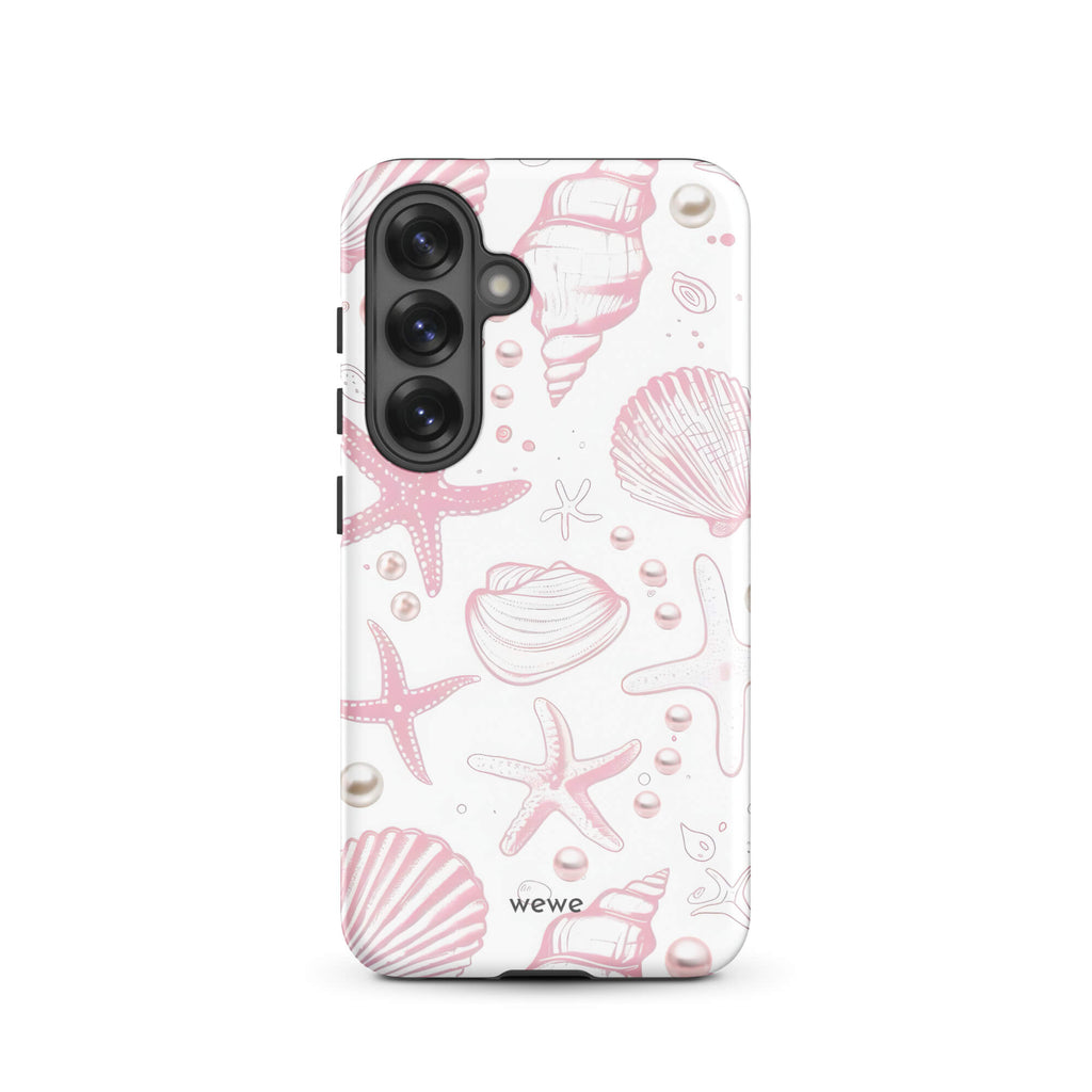 Custom samsung galaxy s25 Phone case with a cute and whimsical pattern of seashells, starfish, and pearls on a white background.
