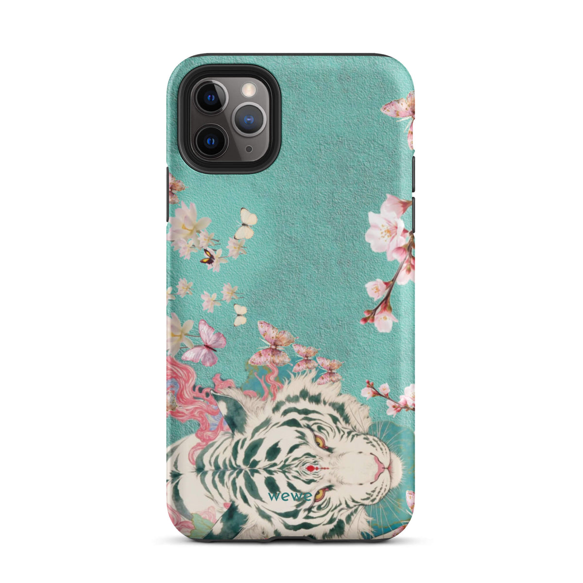 Turquoise iPhone case with an ivory-white tiger, blush-pink cherry blossoms and butterflies