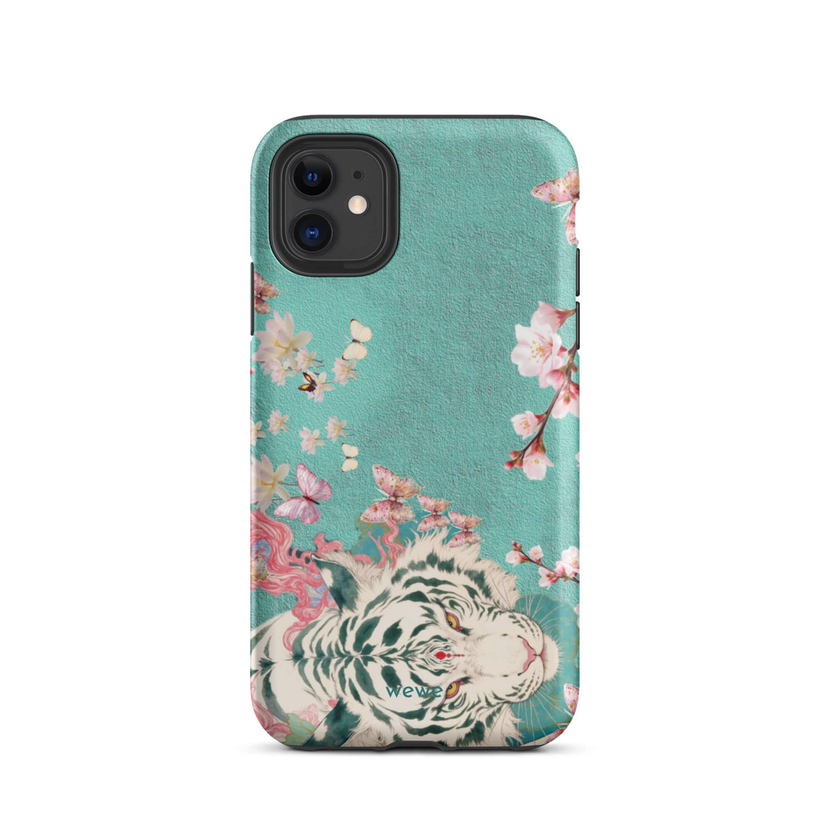 Turquoise iPhone case with an ivory-white tiger, blush-pink cherry blossoms and butterflies