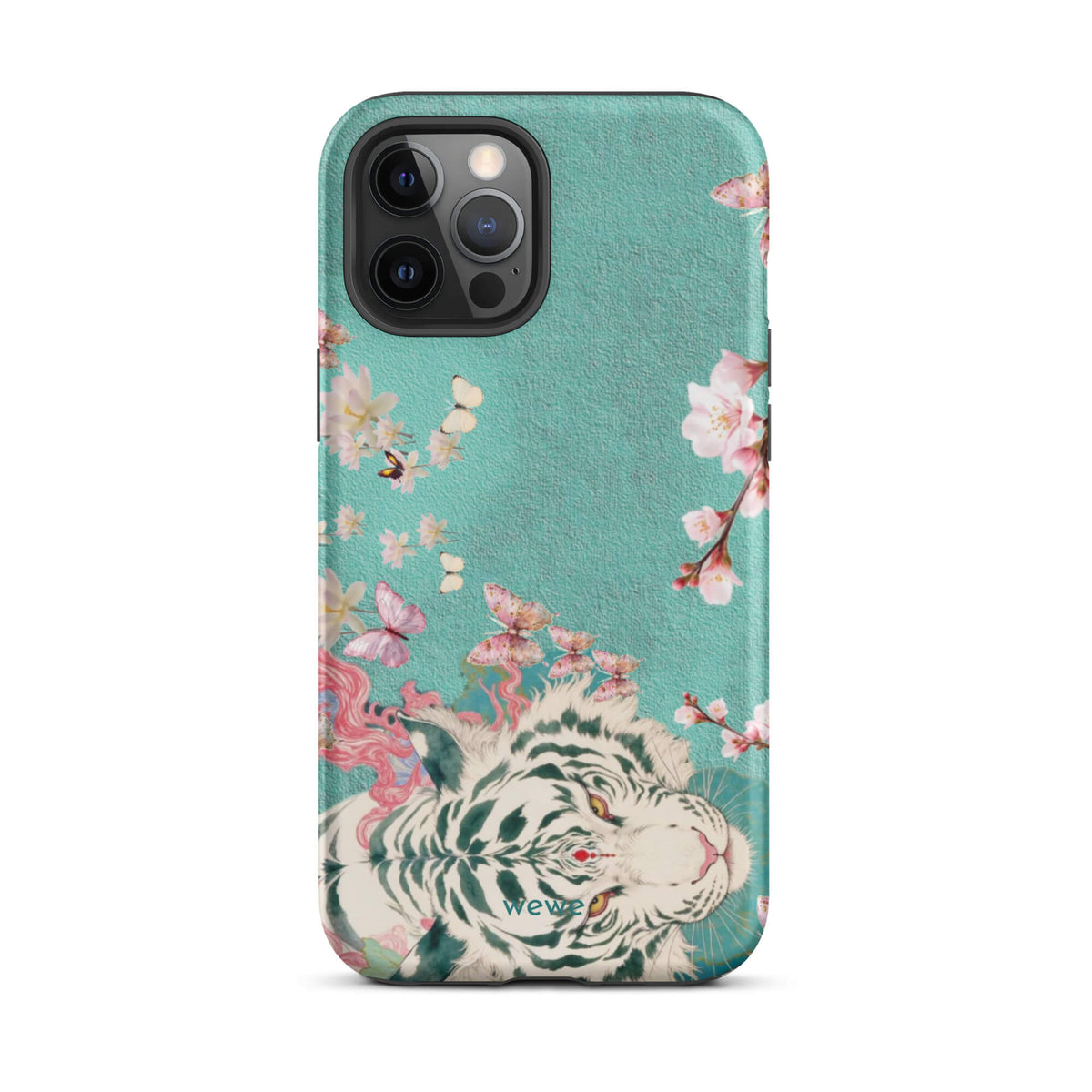 Turquoise iPhone case with an ivory-white tiger, blush-pink cherry blossoms and butterflies