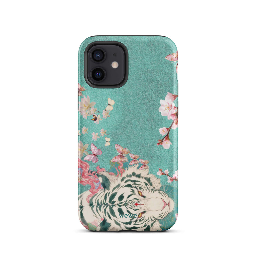 Turquoise iPhone case with an ivory-white tiger, blush-pink cherry blossoms and butterflies