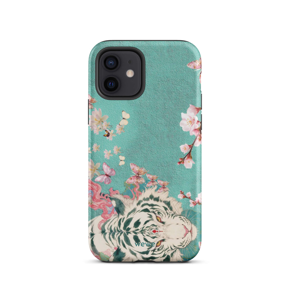 Turquoise iPhone case with an ivory-white tiger, blush-pink cherry blossoms and butterflies