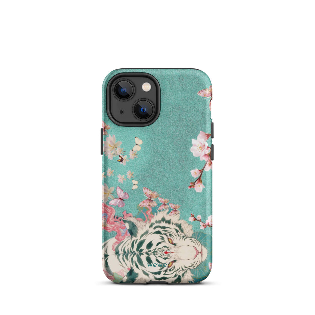 Turquoise iPhone case with an ivory-white tiger, blush-pink cherry blossoms and butterflies