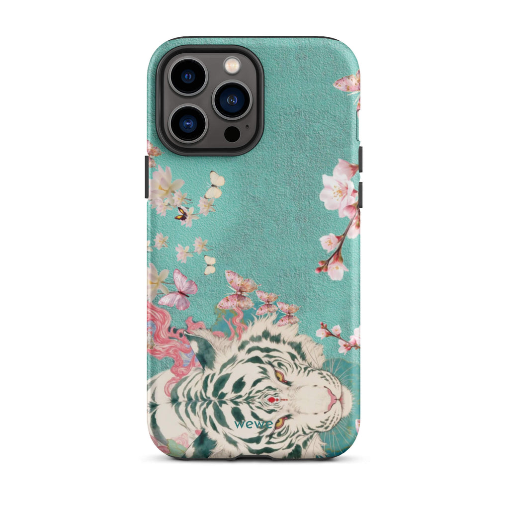 Turquoise iPhone case with an ivory-white tiger, blush-pink cherry blossoms and butterflies