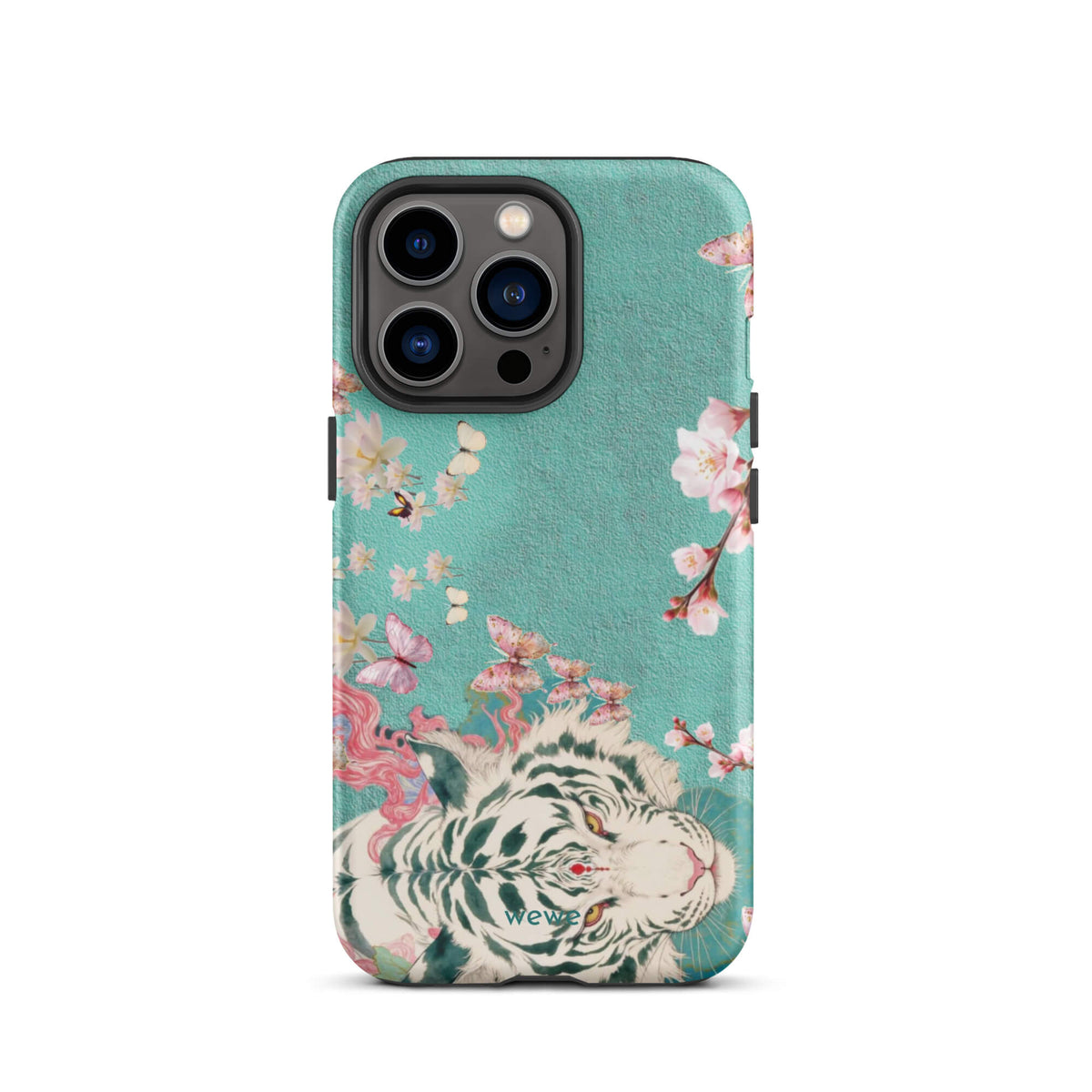 Turquoise iPhone case with an ivory-white tiger, blush-pink cherry blossoms and butterflies